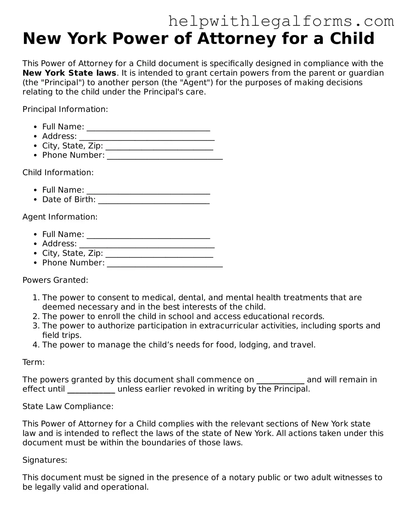 Blank  Power of Attorney for a Child Form for New York
