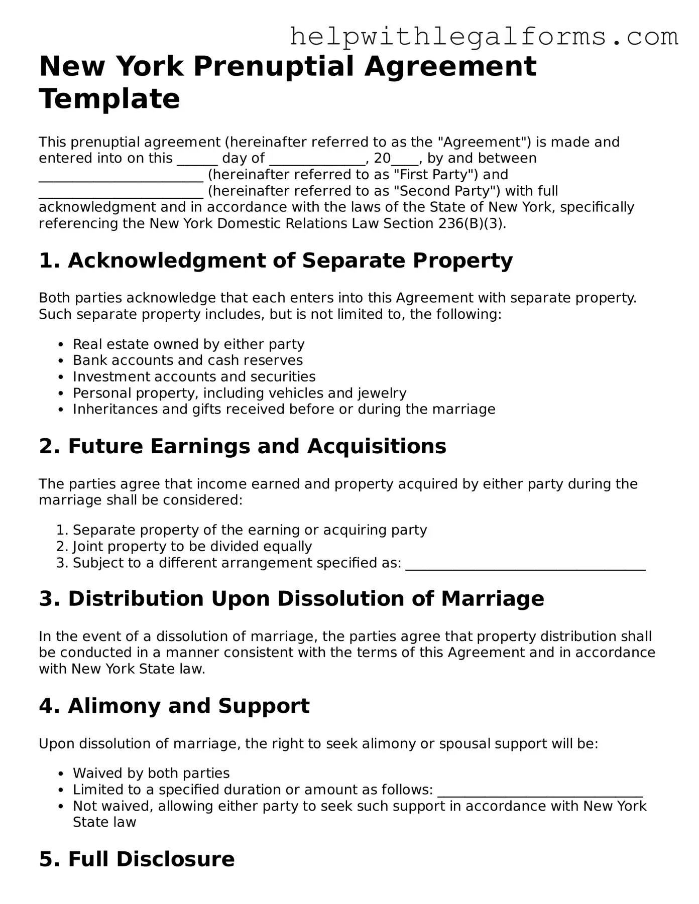 Blank  Prenuptial Agreement Form for New York