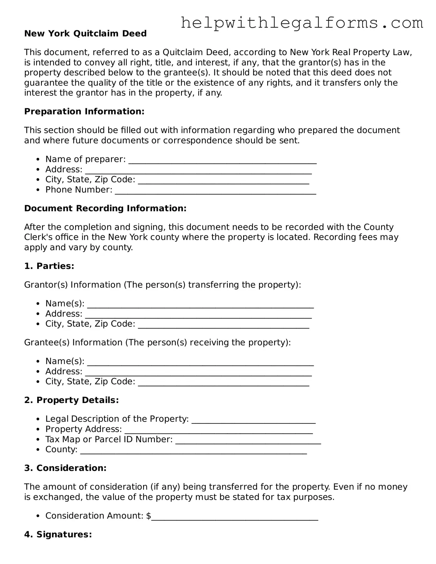 Blank  Quitclaim Deed Form for New York