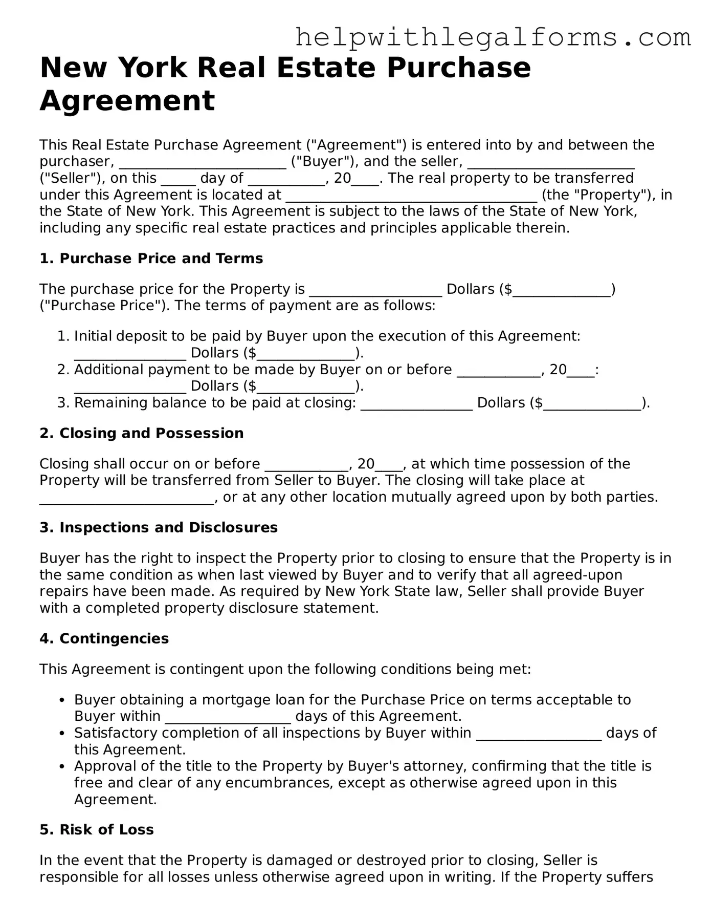 Blank  Real Estate Purchase Agreement Form for New York