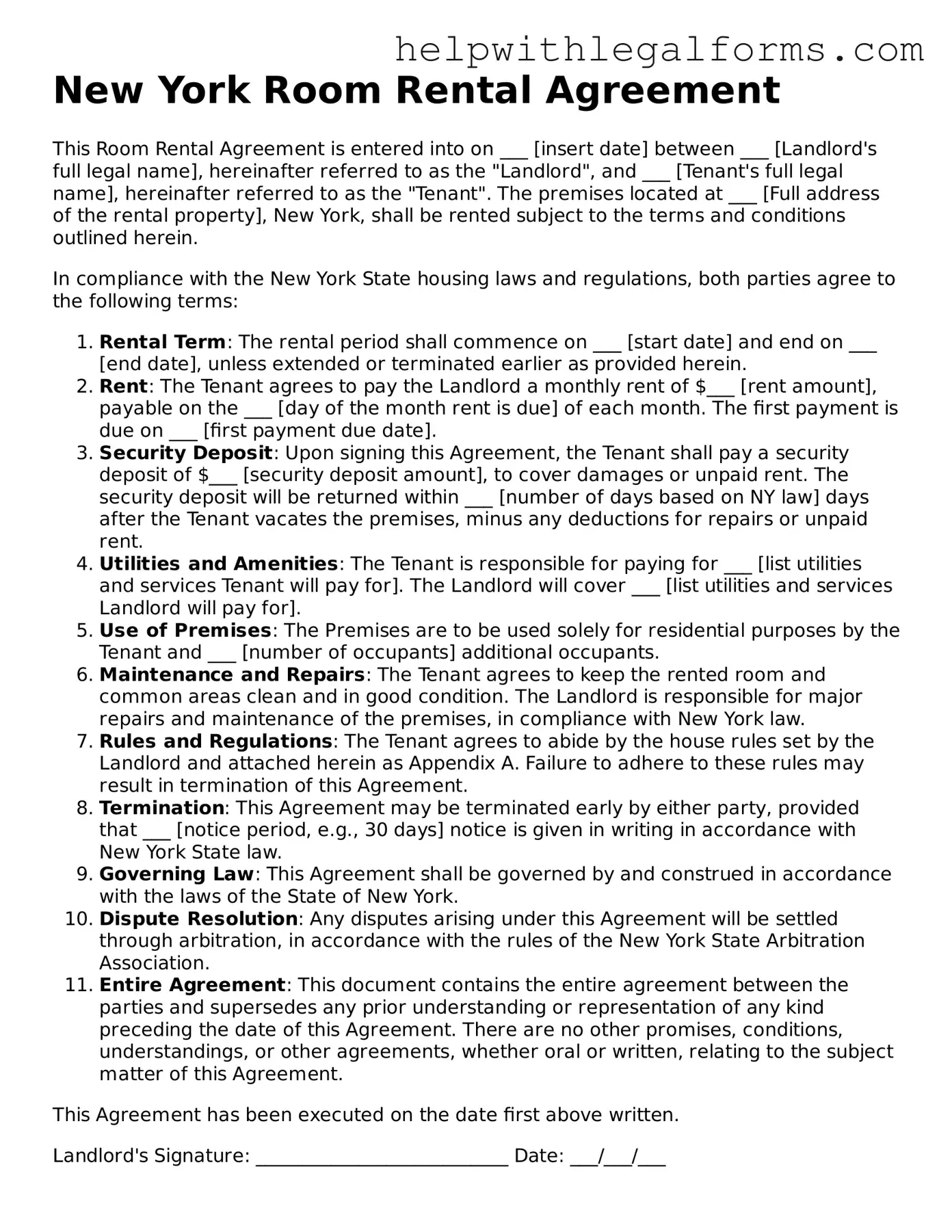 Blank  Room Rental Agreement Form for New York