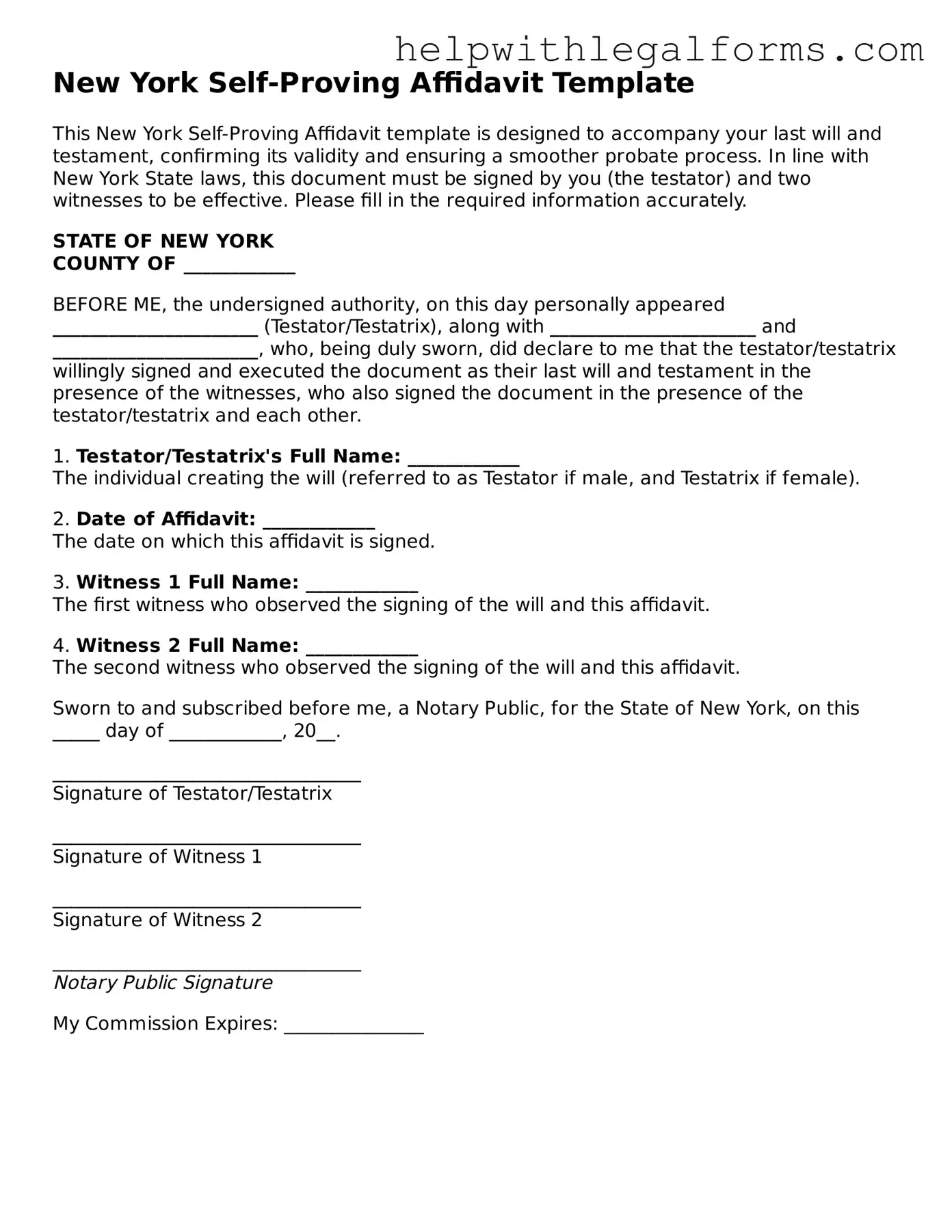 Blank  Self-Proving Affidavit Form for New York