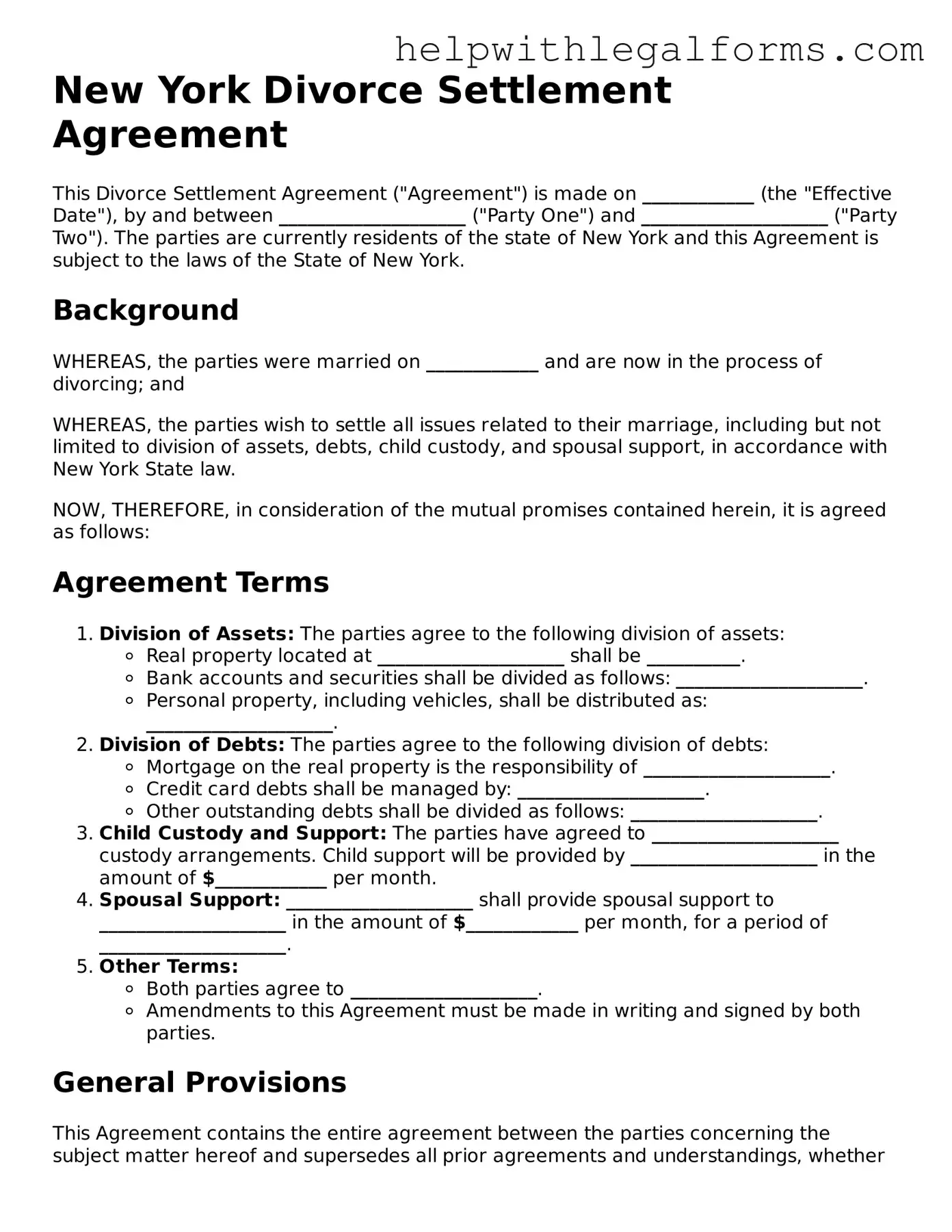 Blank  Divorce Settlement Agreement Form for New York