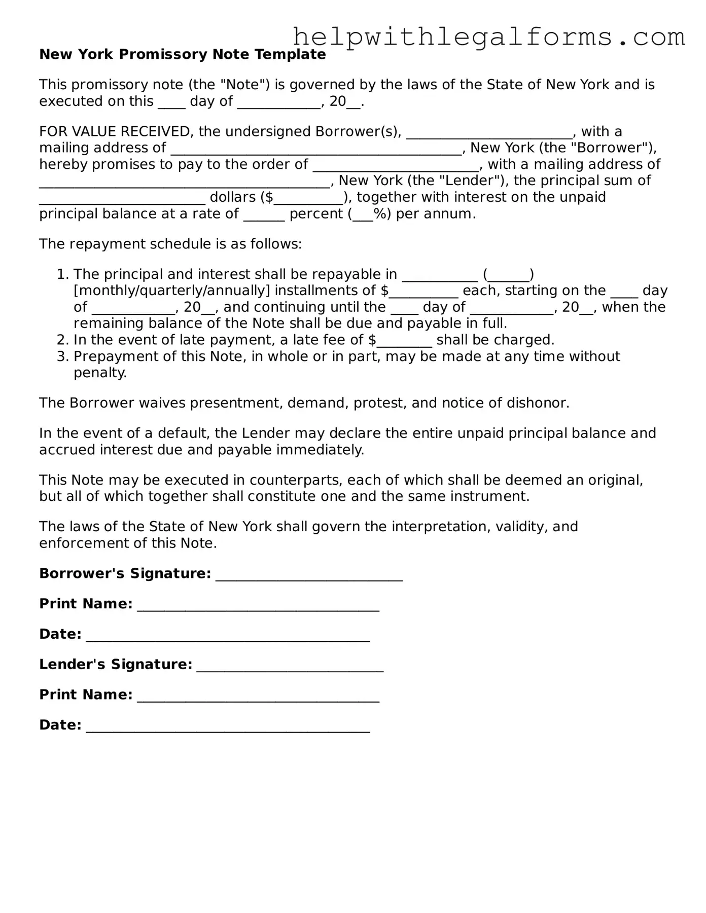 Blank  Promissory Note Form for New York
