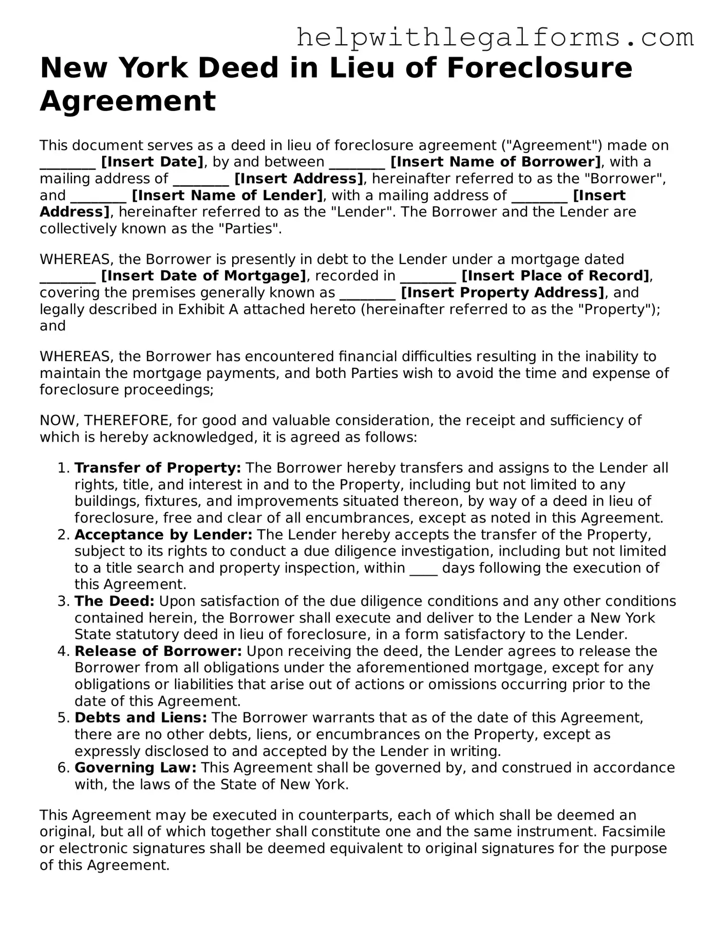 Blank  Deed in Lieu of Foreclosure Form for New York