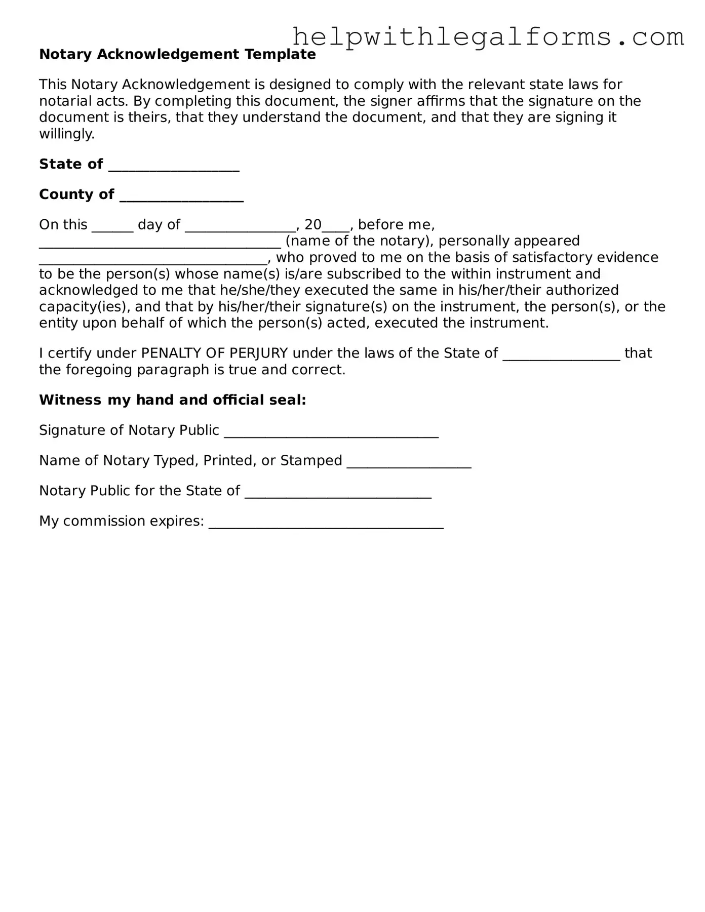 Legal Notary Acknowledgement Form
