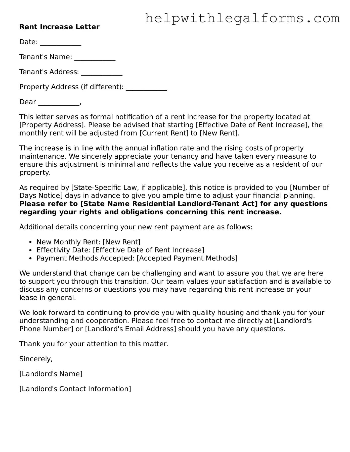 Legal Rent Increase Letter Form