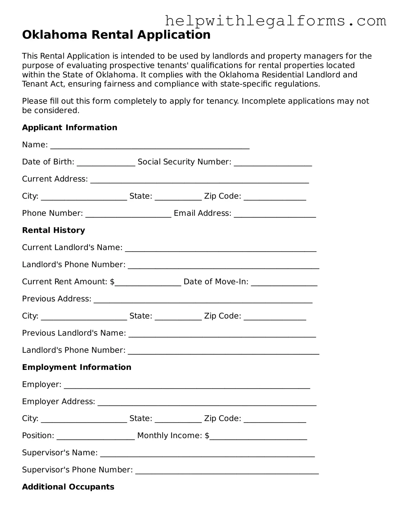 Blank  Rental Application Form for Oklahoma