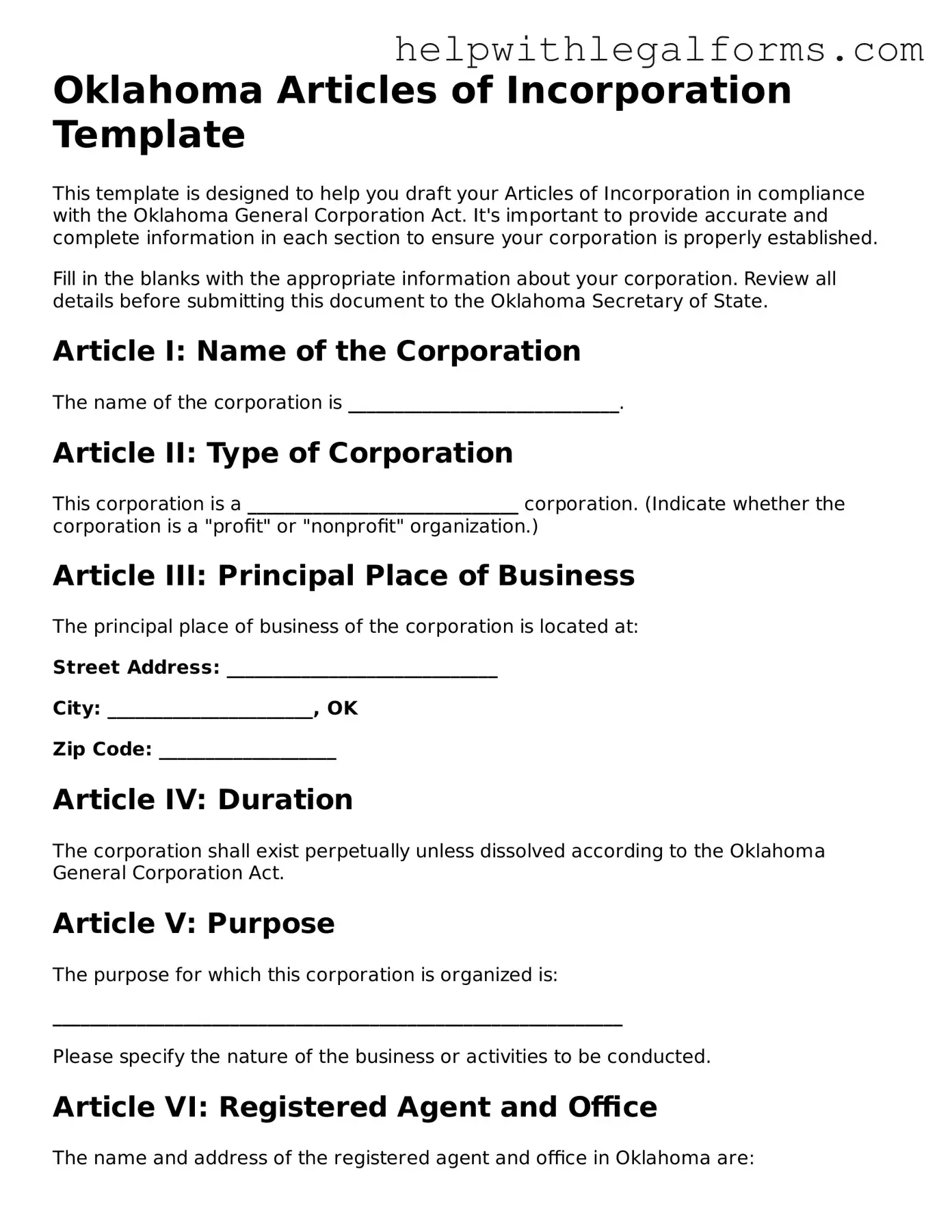 Blank  Articles of Incorporation Form for Oklahoma
