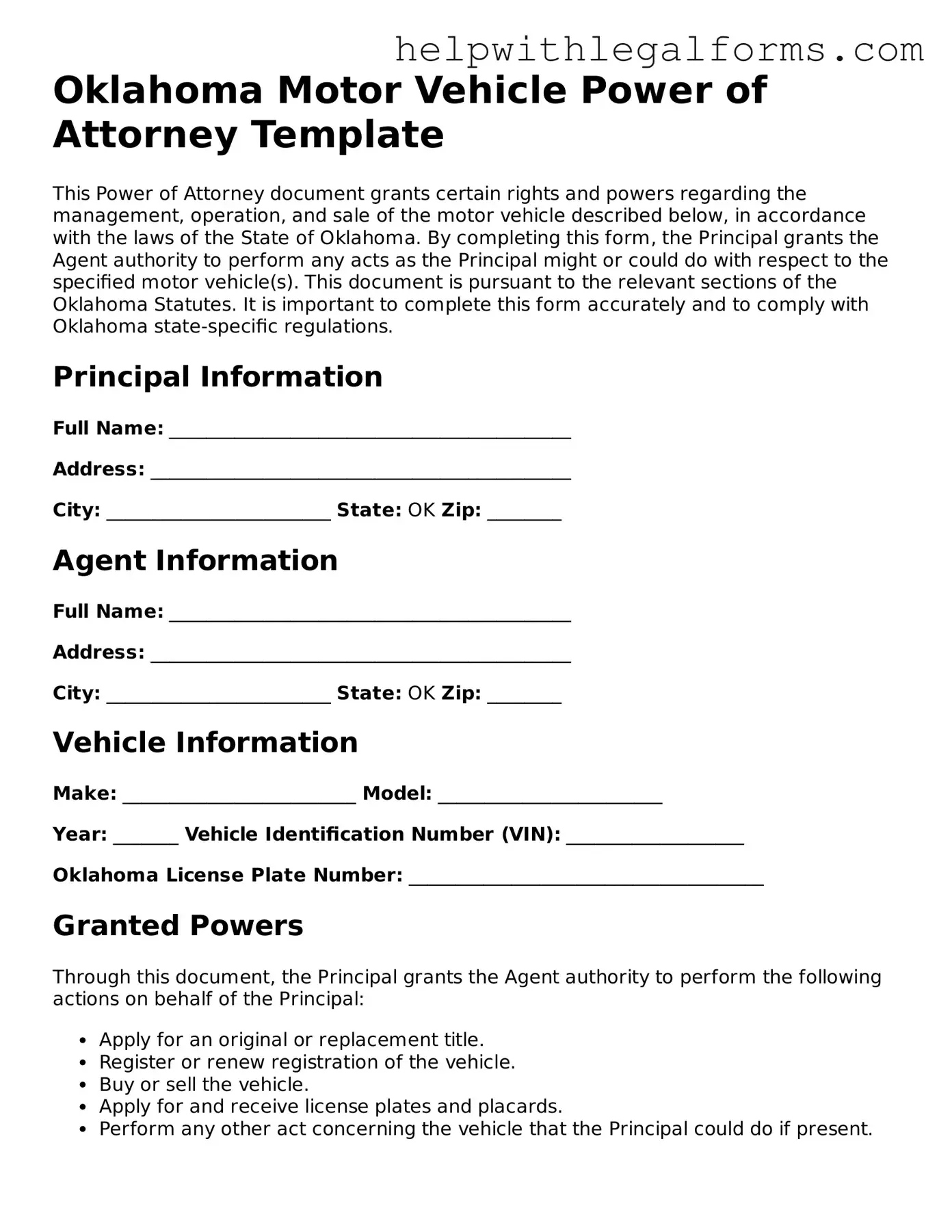 Blank  Motor Vehicle Power of Attorney Form for Oklahoma