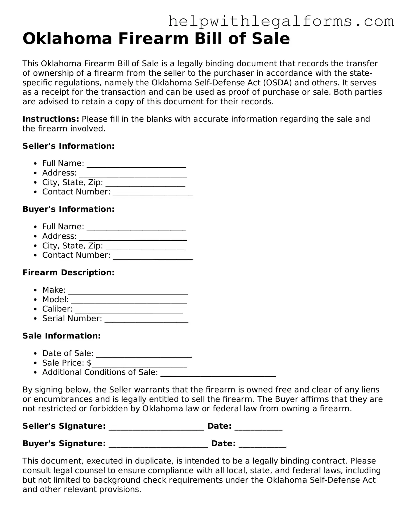 Blank  Firearm Bill of Sale Form for Oklahoma