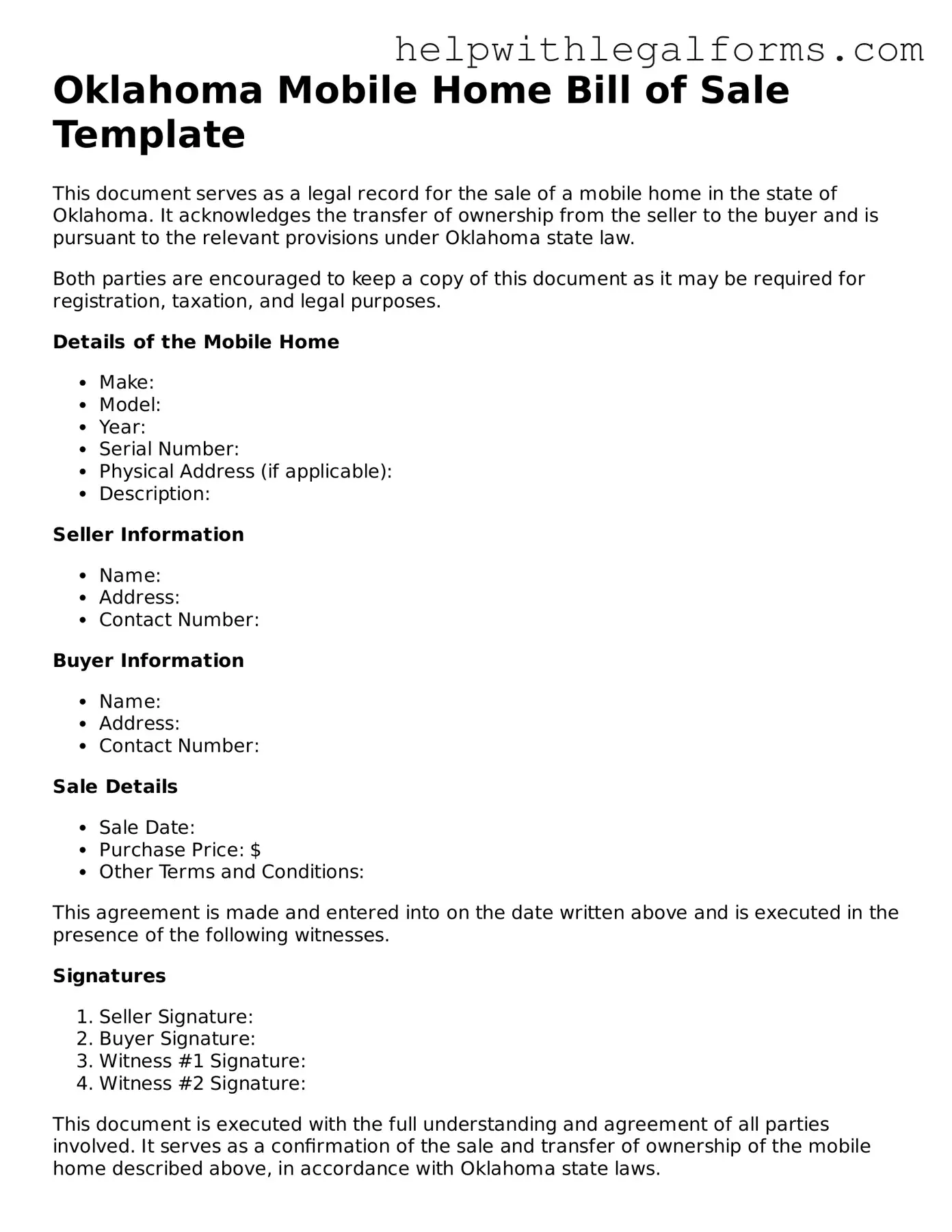 Blank  Mobile Home Bill of Sale Form for Oklahoma