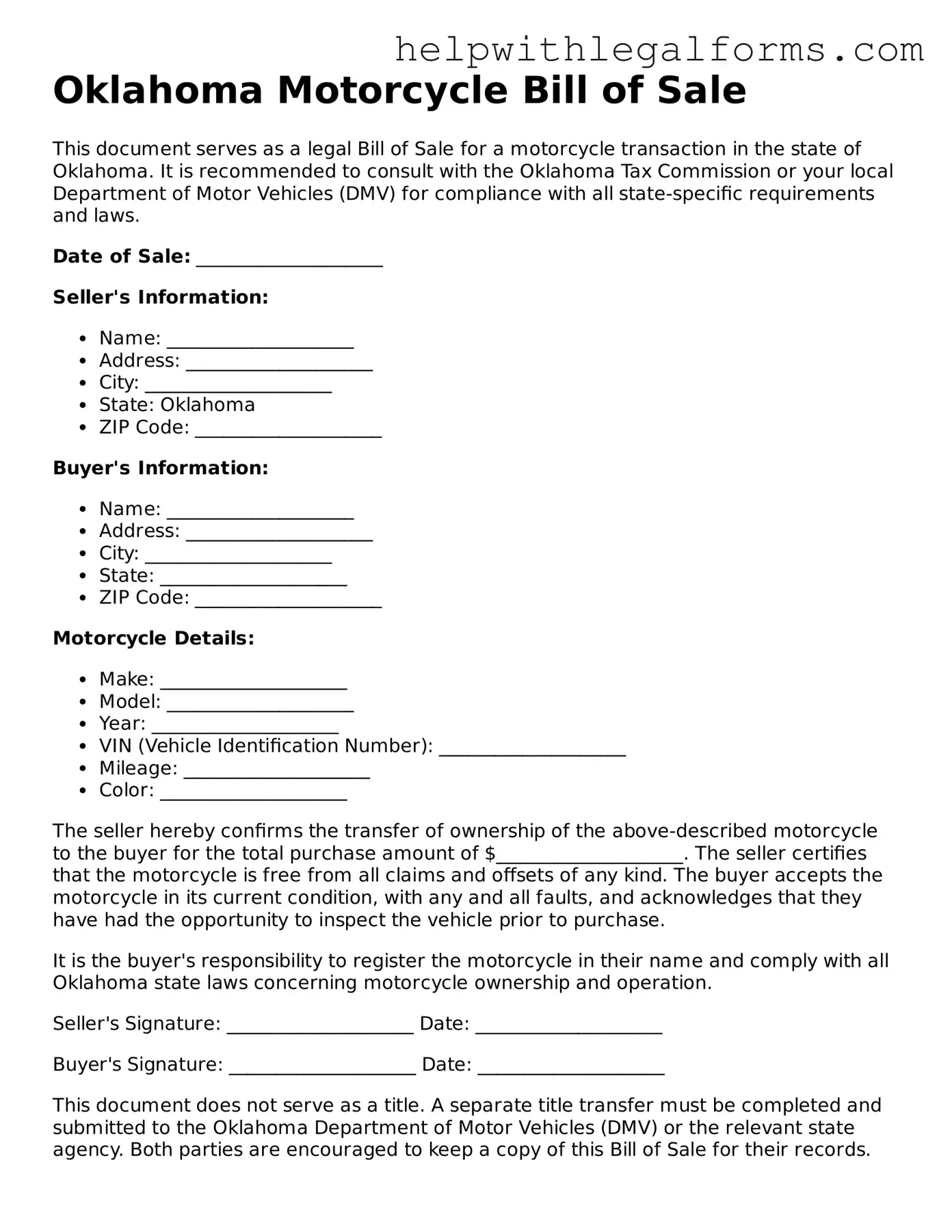 Blank  Motorcycle Bill of Sale Form for Oklahoma