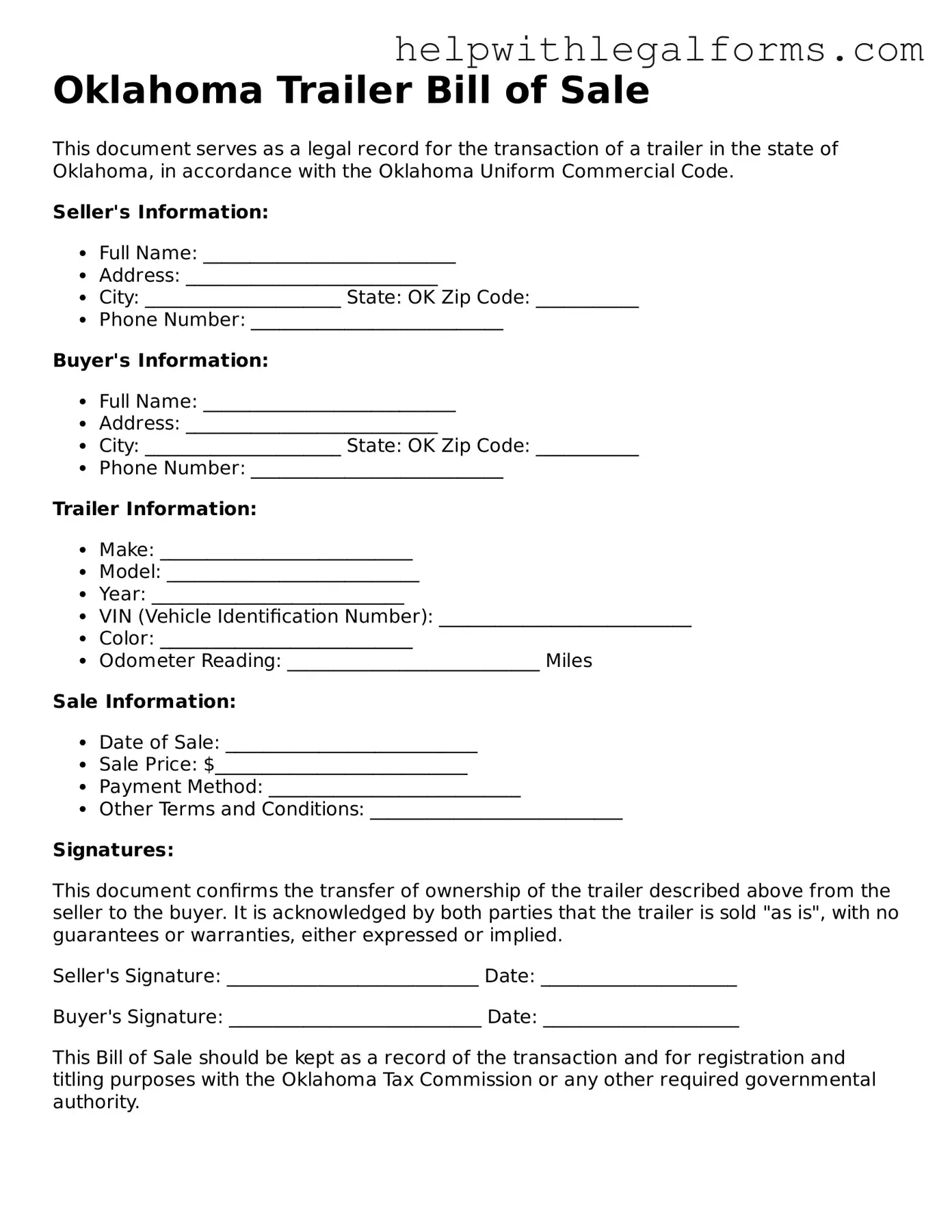 Blank  Trailer Bill of Sale Form for Oklahoma