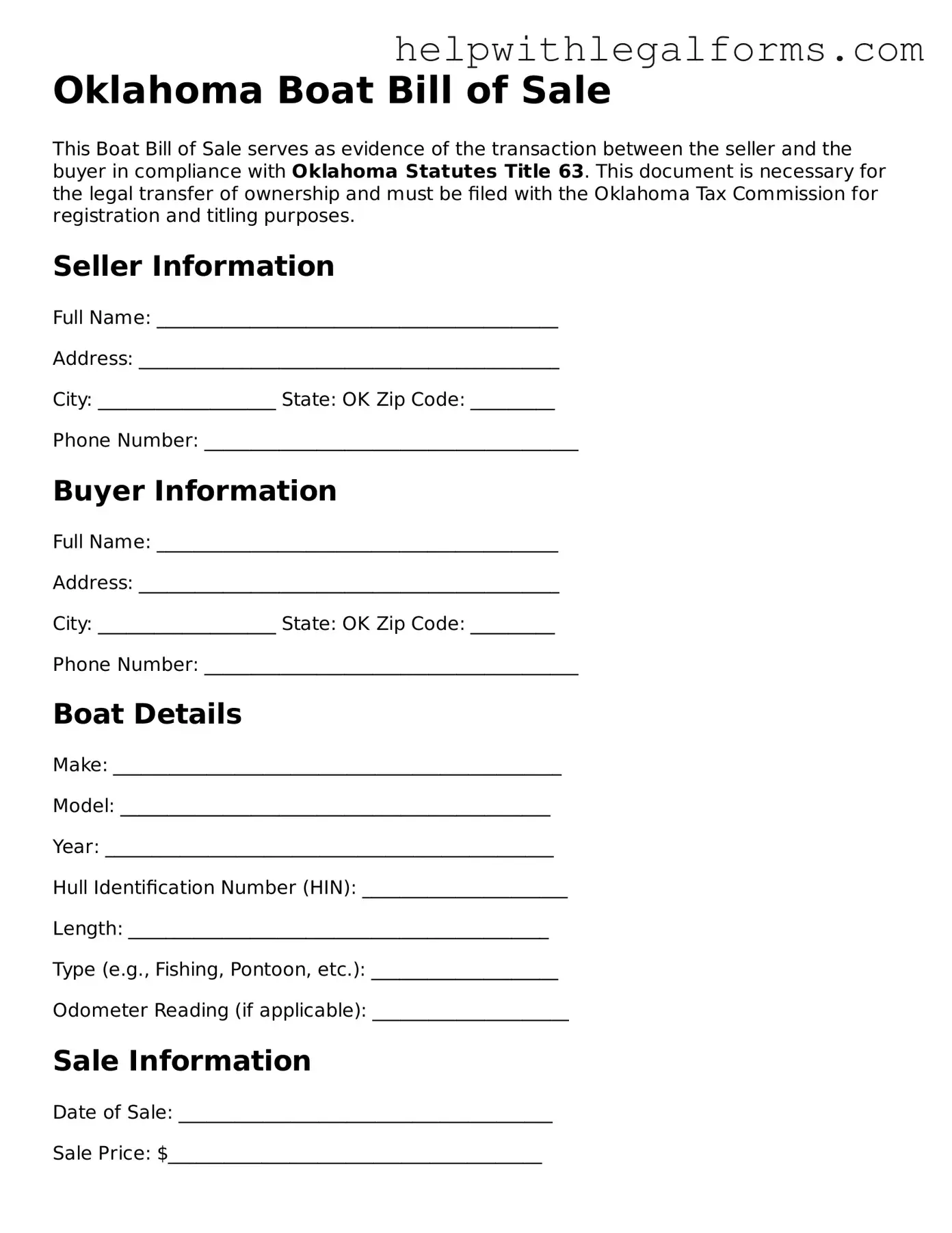 Blank  Boat Bill of Sale Form for Oklahoma