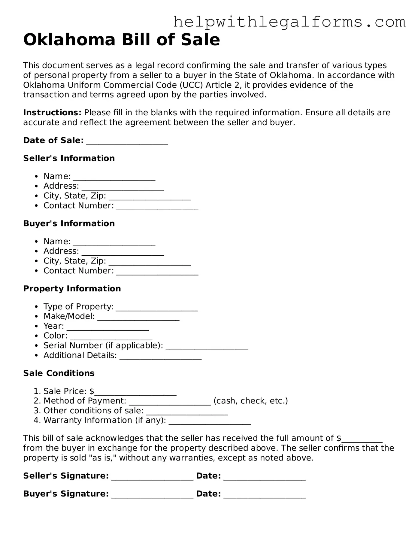 Blank  Bill of Sale Form for Oklahoma