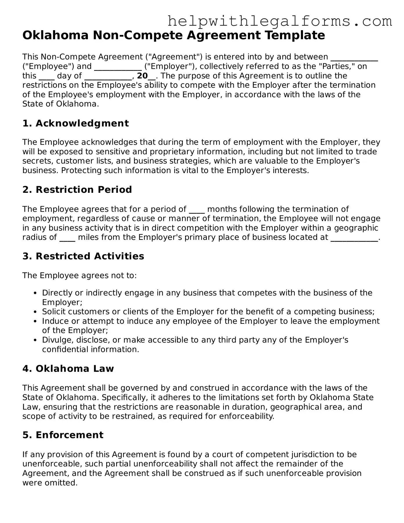 Blank  Non-compete Agreement Form for Oklahoma