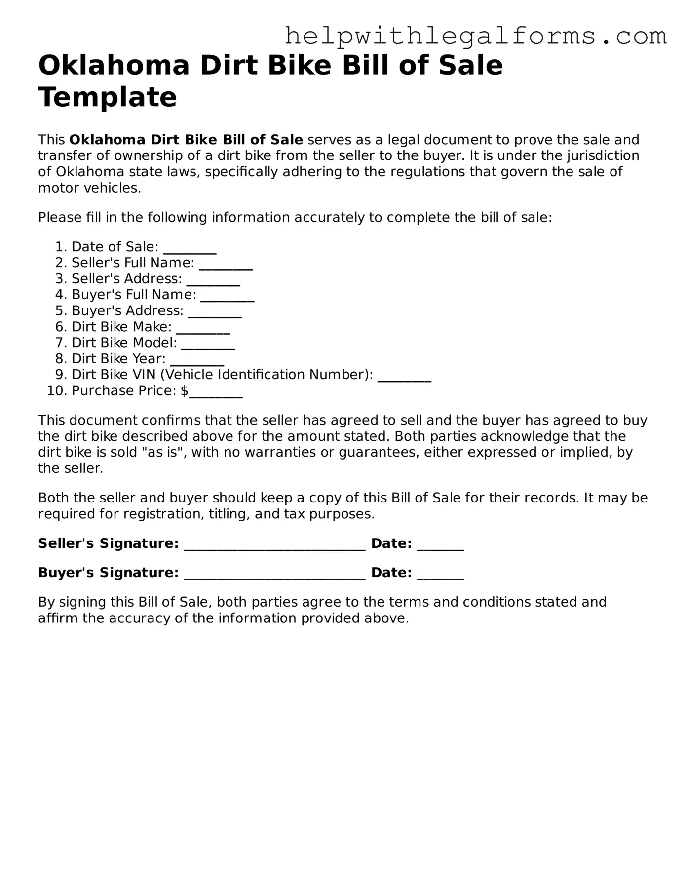 Blank  Dirt Bike Bill of Sale Form for Oklahoma