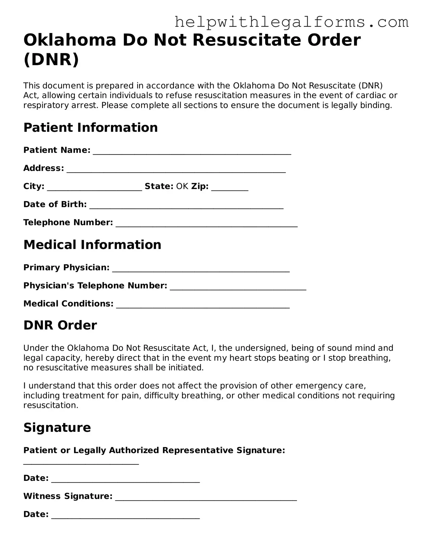Blank  Do Not Resuscitate Order Form for Oklahoma