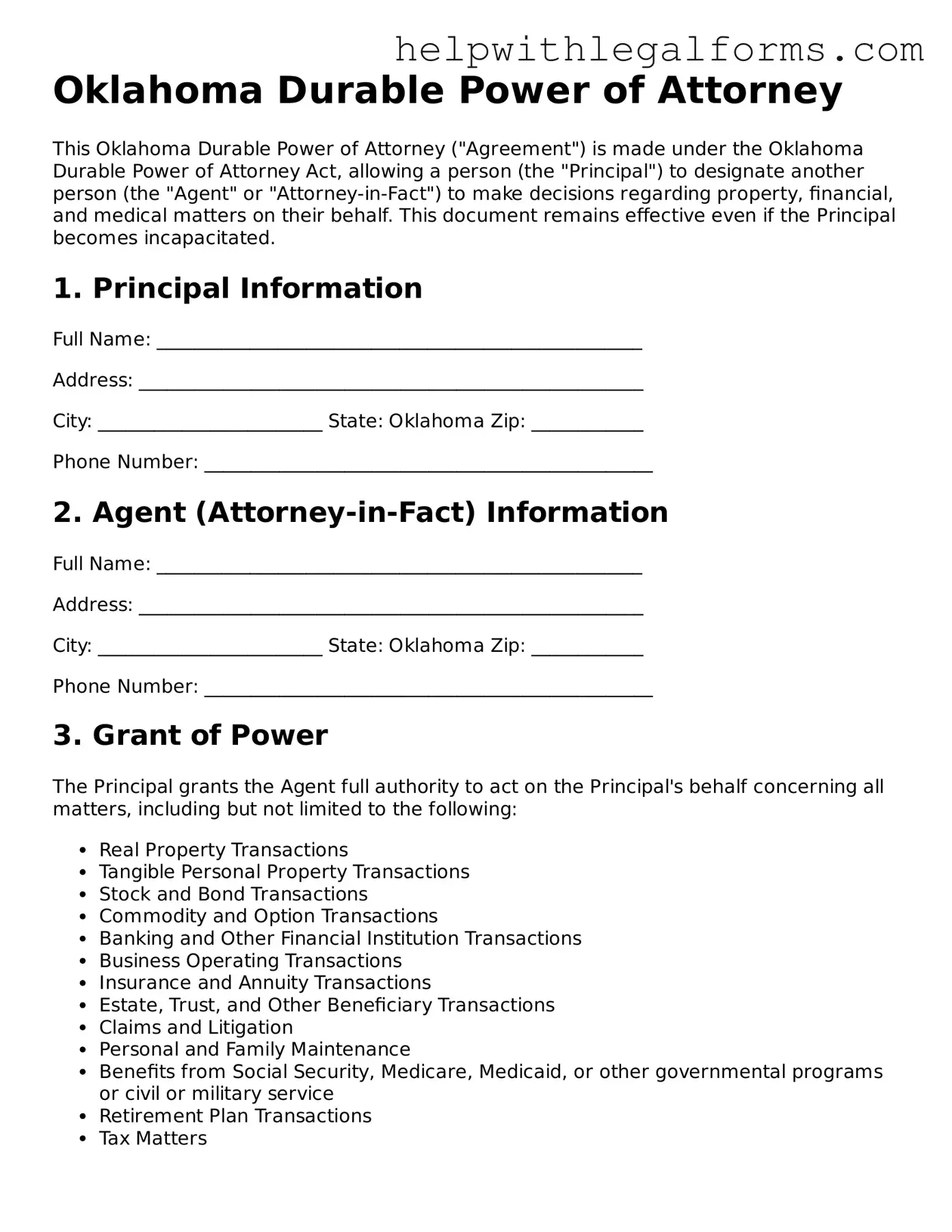 Blank  Durable Power of Attorney Form for Oklahoma