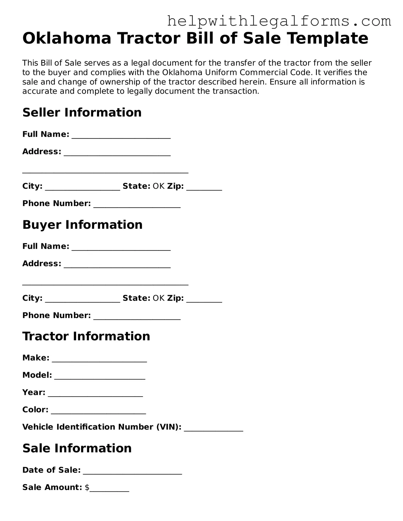 Blank  Tractor Bill of Sale Form for Oklahoma