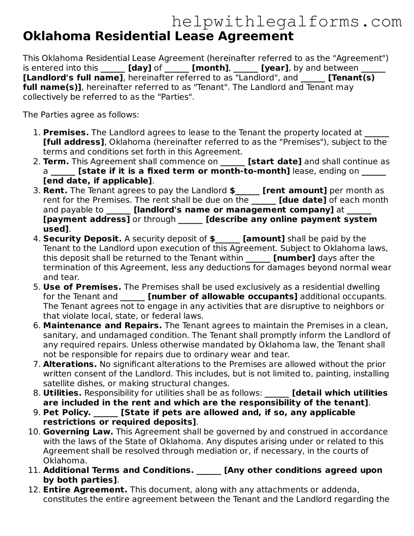 Blank  Residential Lease Agreement Form for Oklahoma