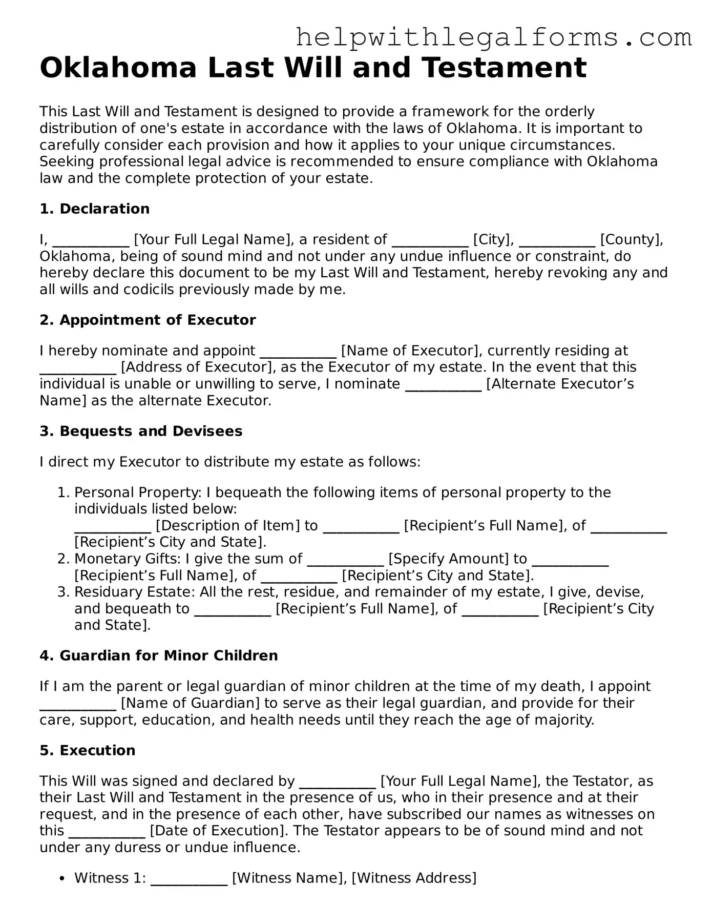 Blank  Last Will and Testament Form for Oklahoma