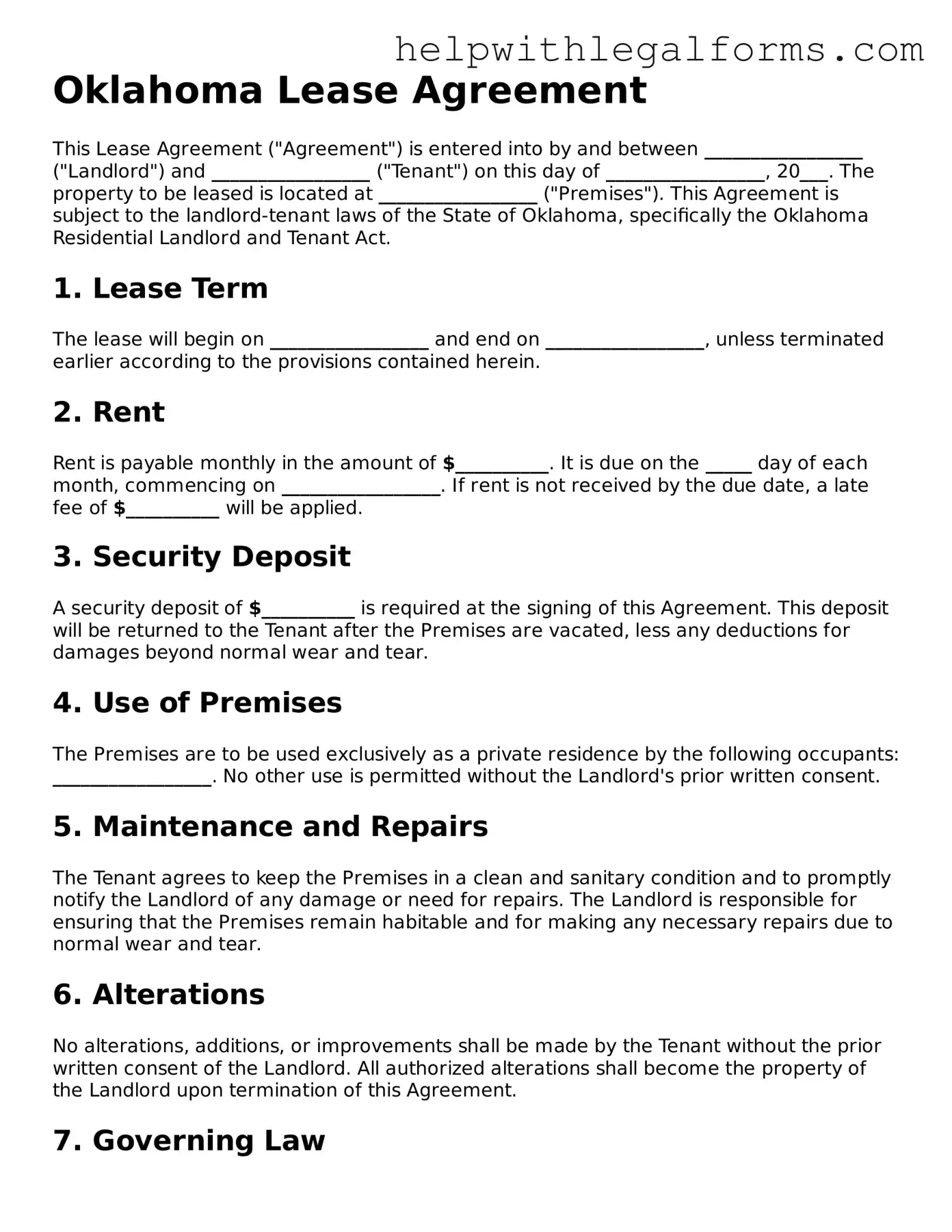 Blank  Lease Agreement Form for Oklahoma
