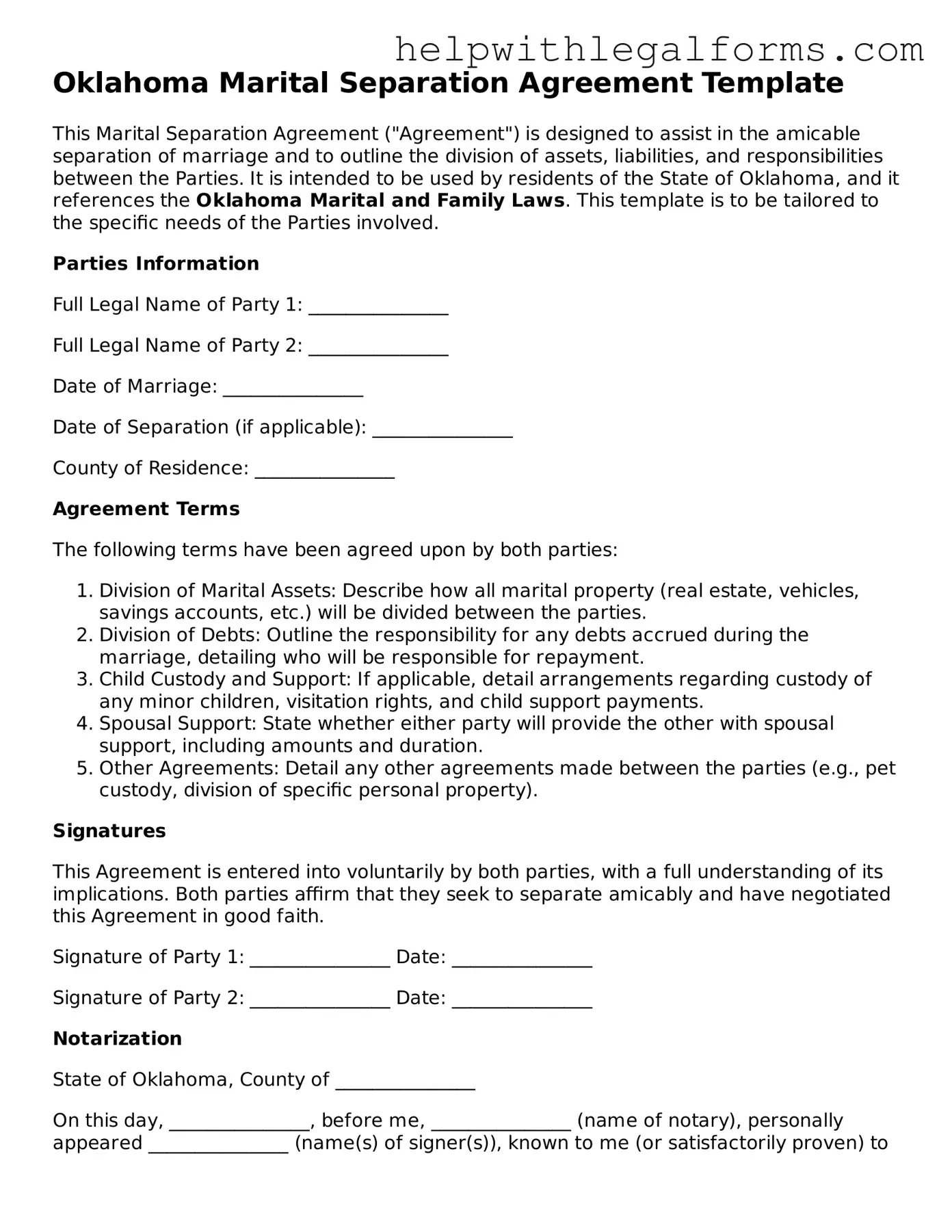 Blank  Marital Separation Agreement Form for Oklahoma