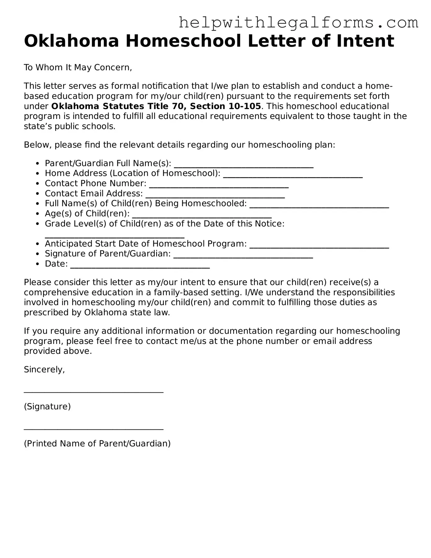 Blank  Homeschool Letter of Intent Form for Oklahoma
