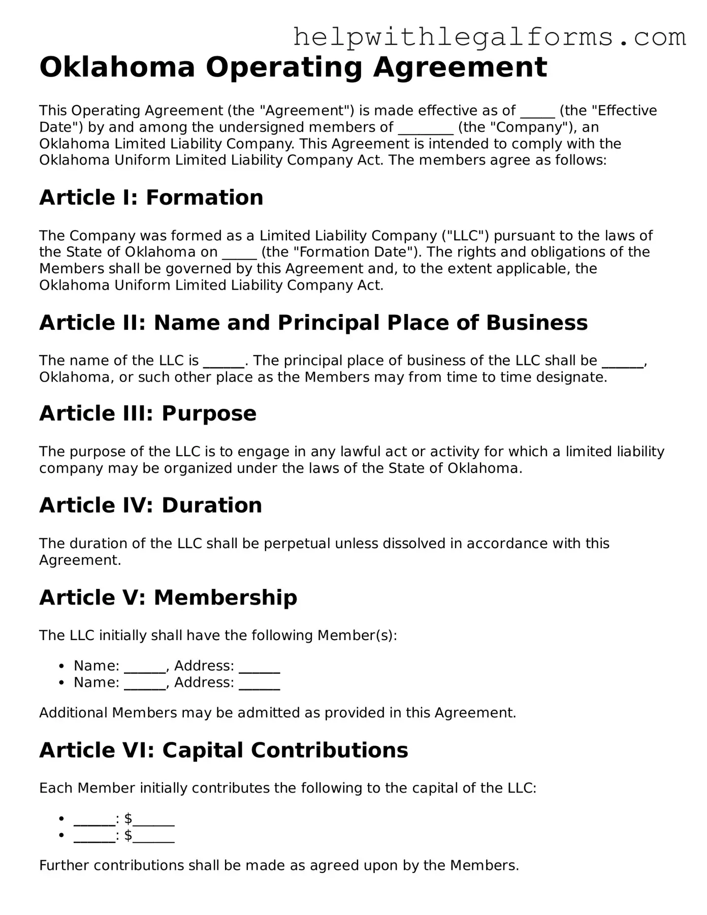 Blank  Operating Agreement Form for Oklahoma