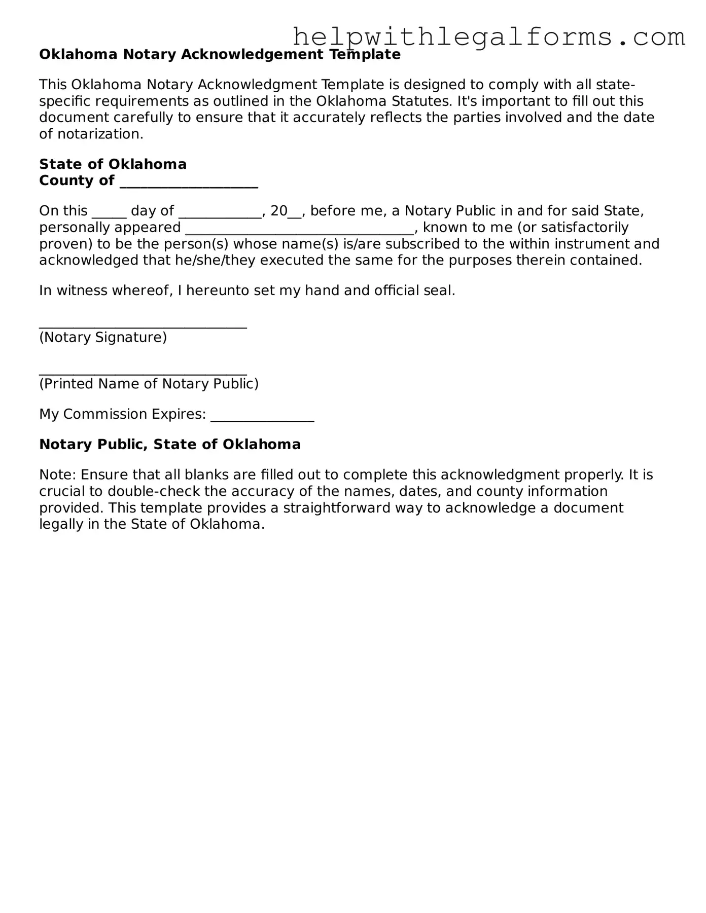 Blank  Notary Acknowledgement Form for Oklahoma