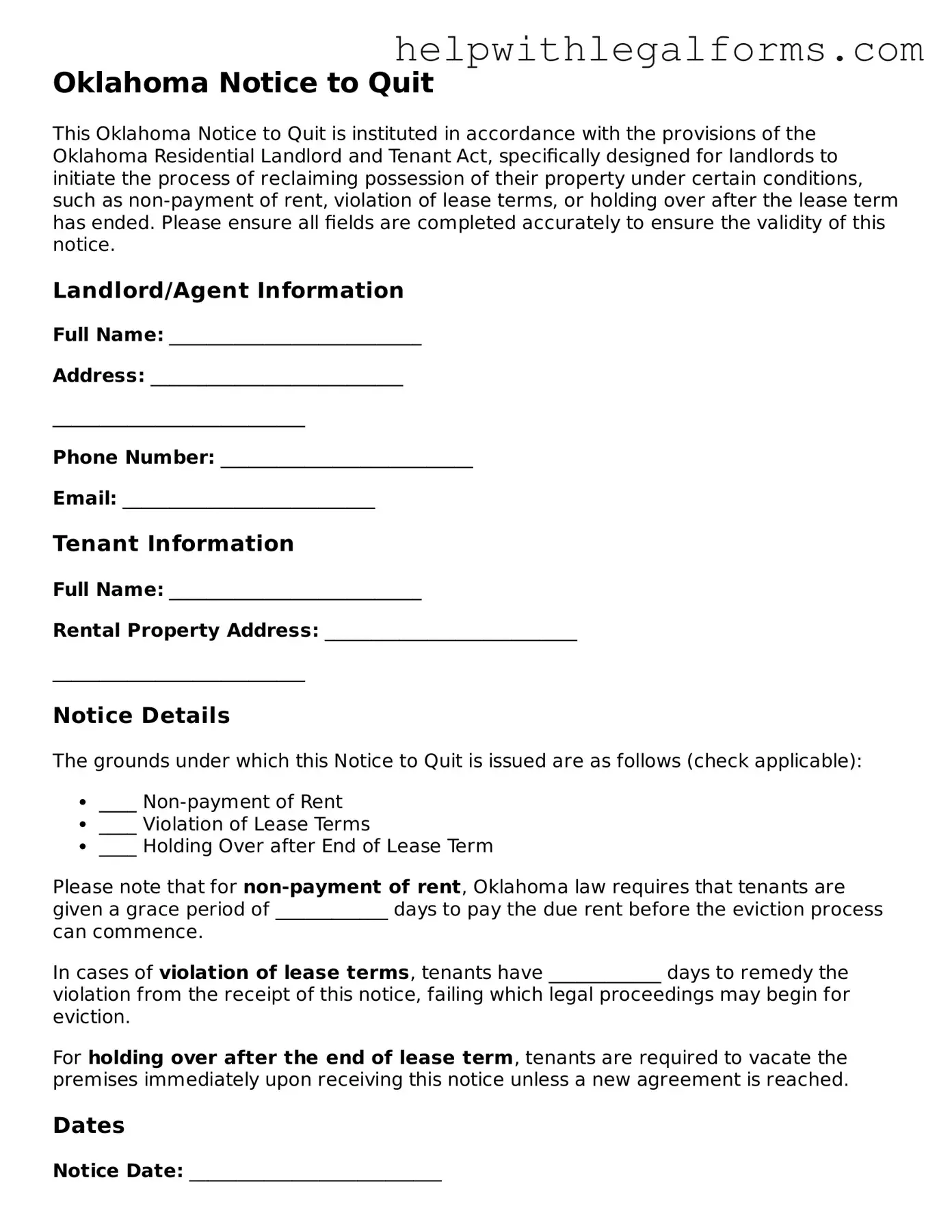 Blank  Notice to Quit Form for Oklahoma