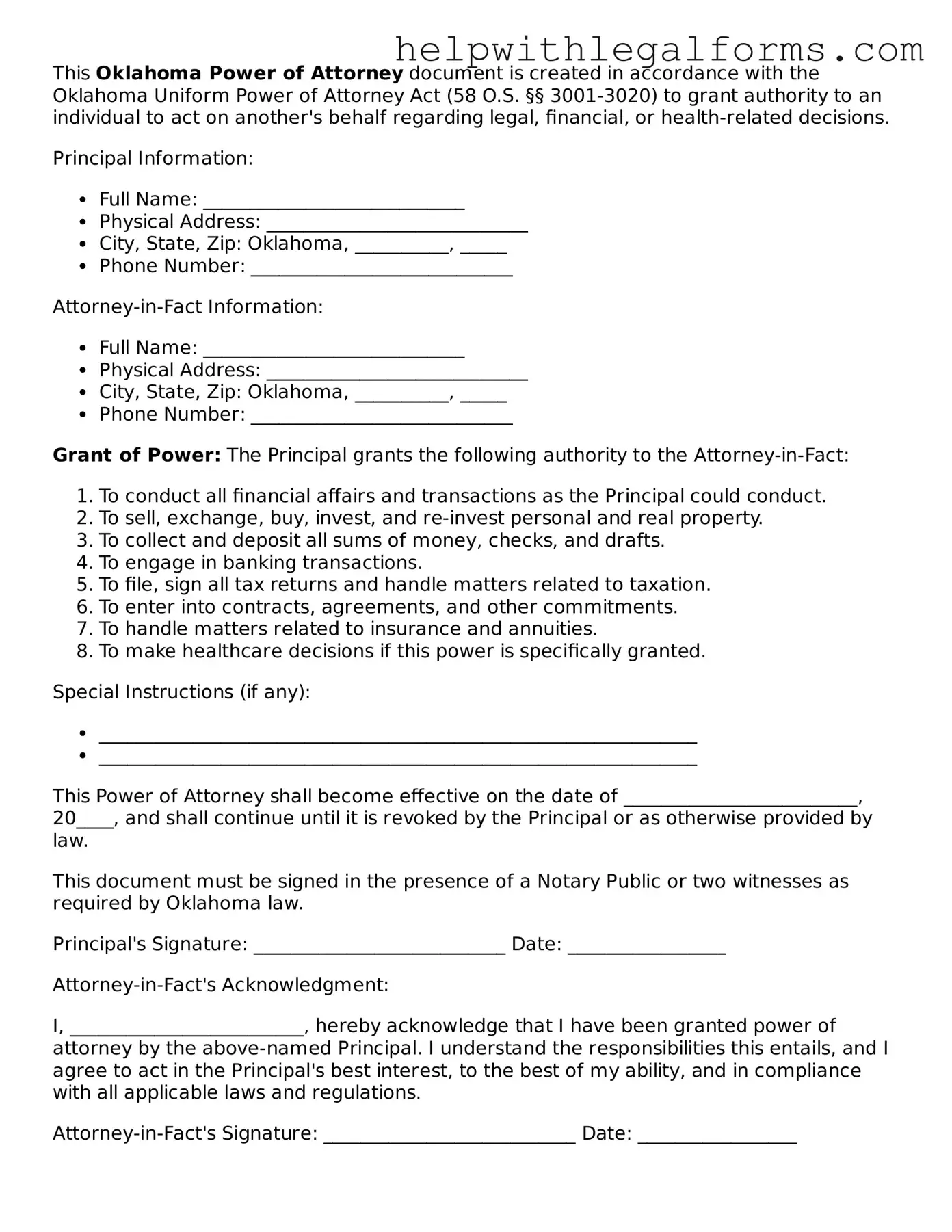 Blank  Power of Attorney Form for Oklahoma