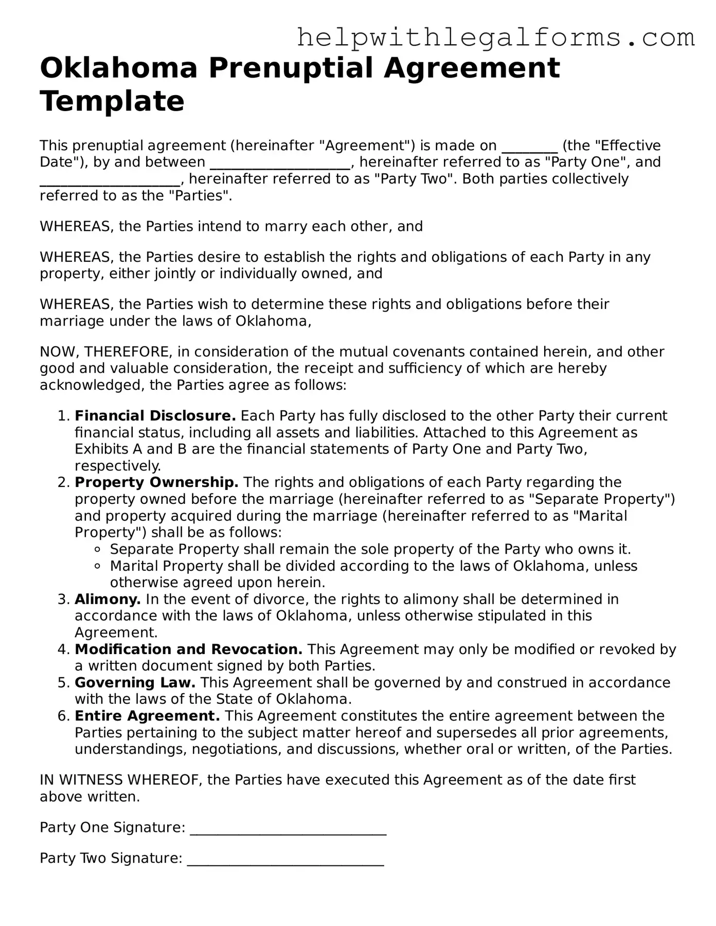 Blank  Prenuptial Agreement Form for Oklahoma