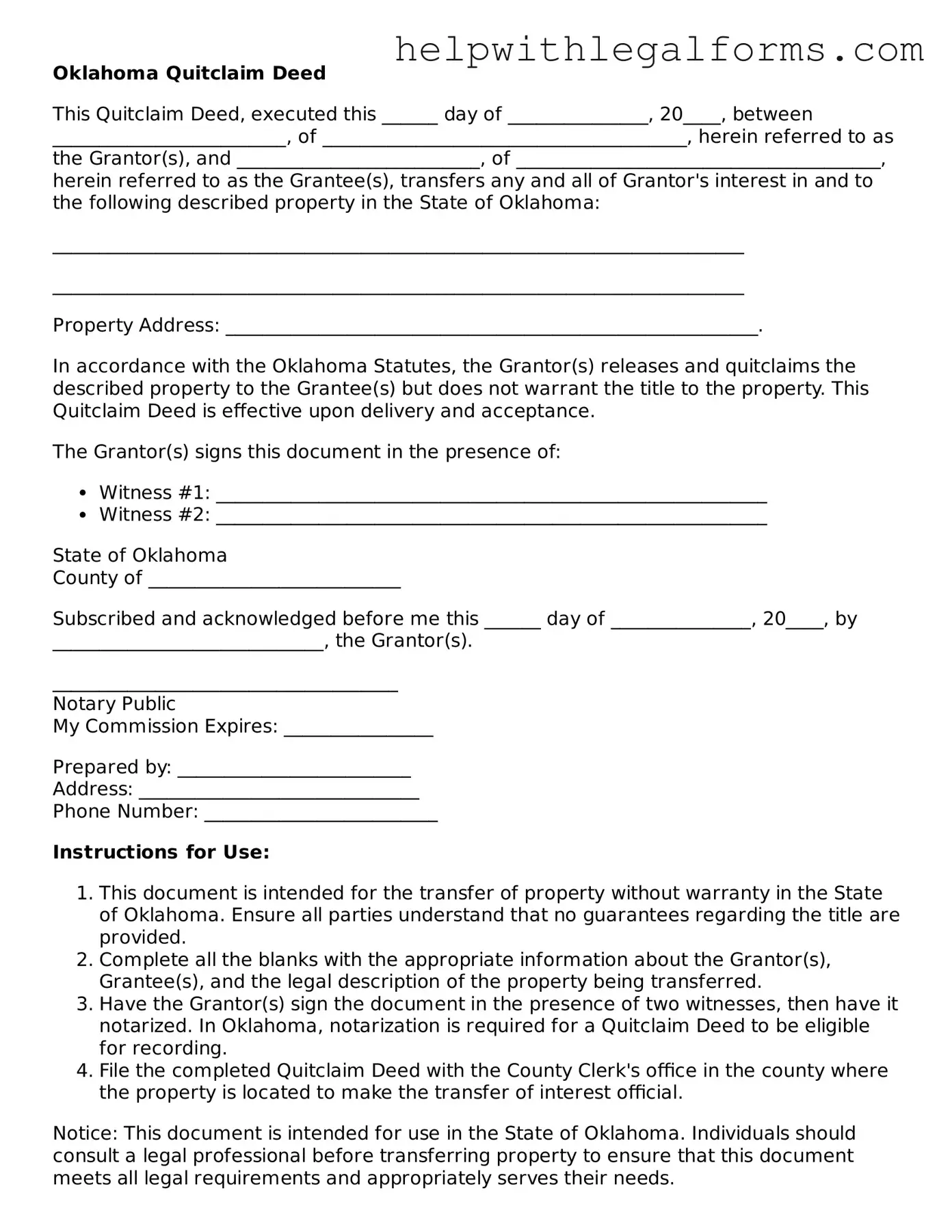 Blank  Quitclaim Deed Form for Oklahoma