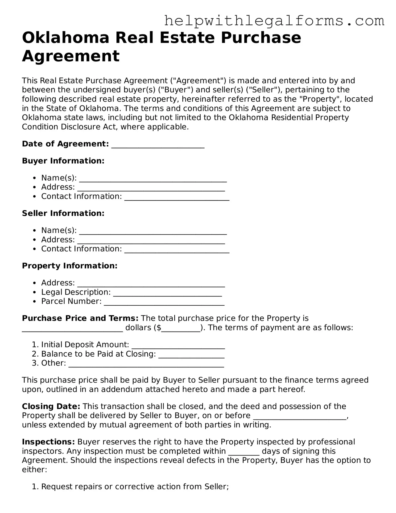 Blank  Real Estate Purchase Agreement Form for Oklahoma