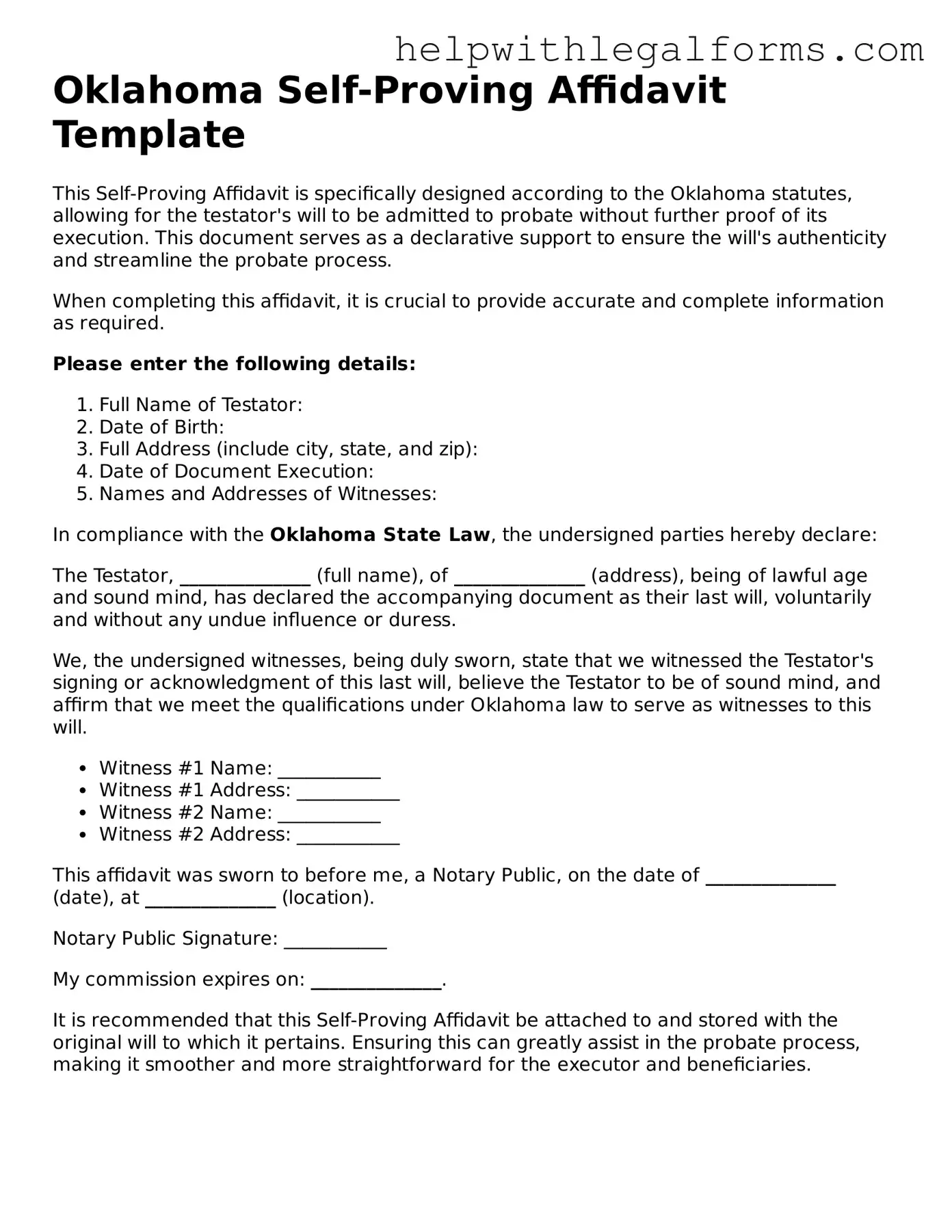 Blank  Self-Proving Affidavit Form for Oklahoma