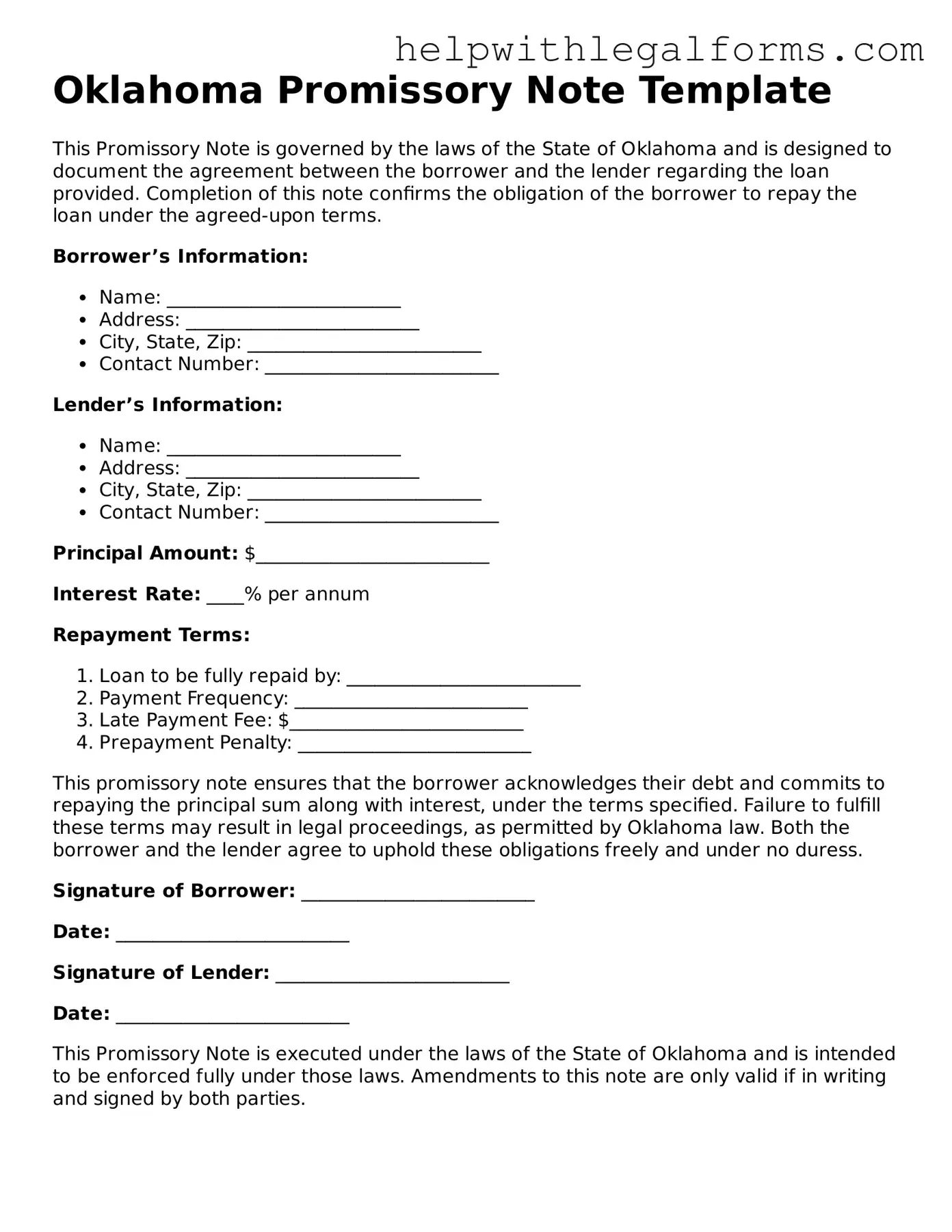 Blank  Promissory Note Form for Oklahoma