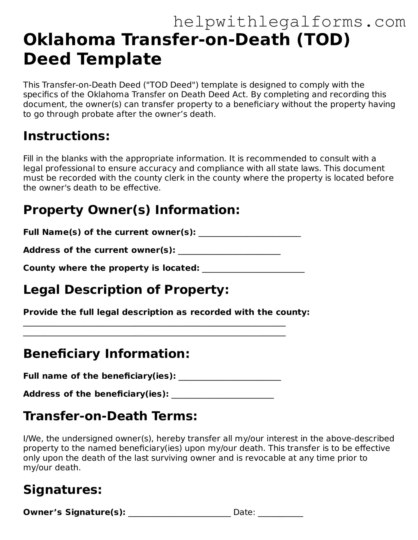 Blank  Transfer-on-Death Deed Form for Oklahoma