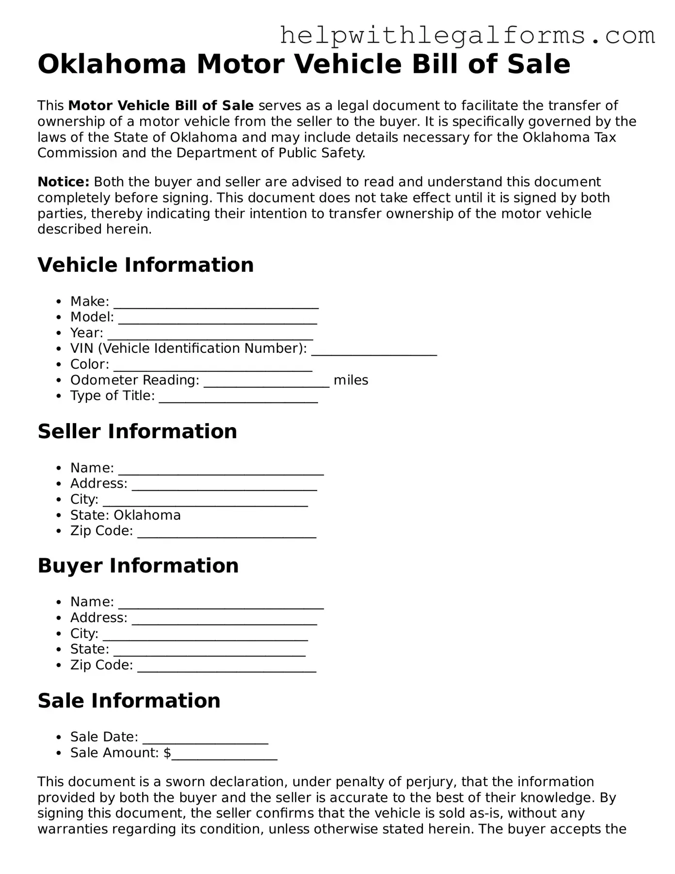 Blank  Motor Vehicle Bill of Sale Form for Oklahoma