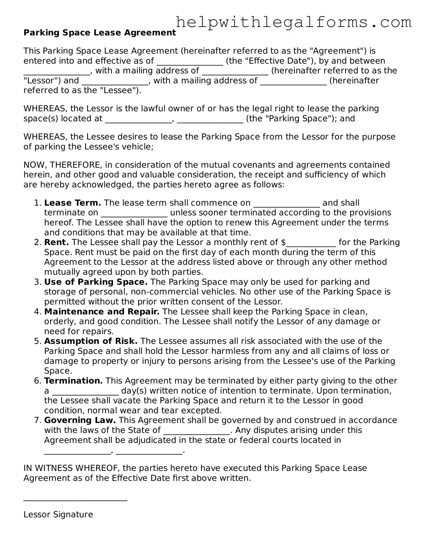Legal Parking Space Lease Agreement Form