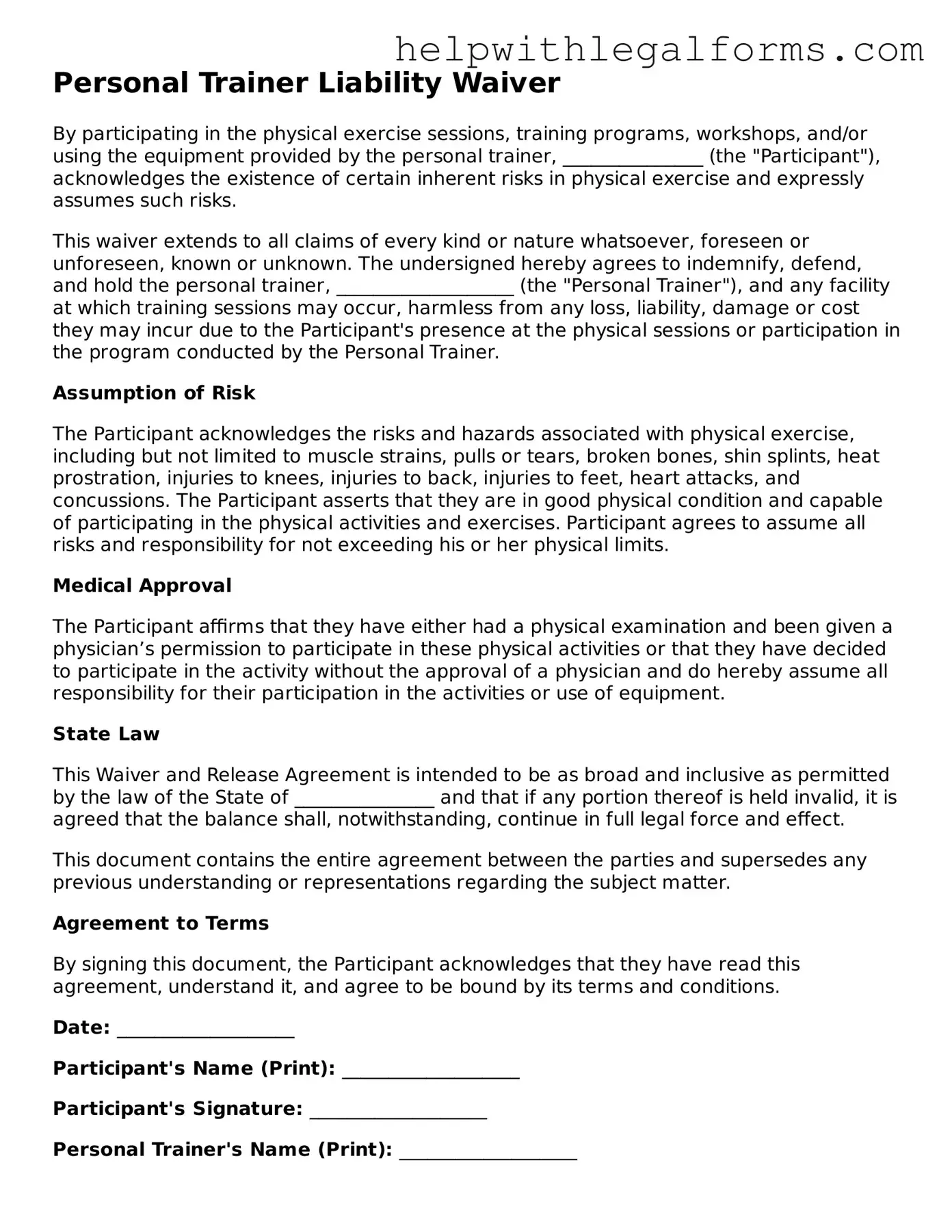 Legal Personal Trainer Liability Waiver Form
