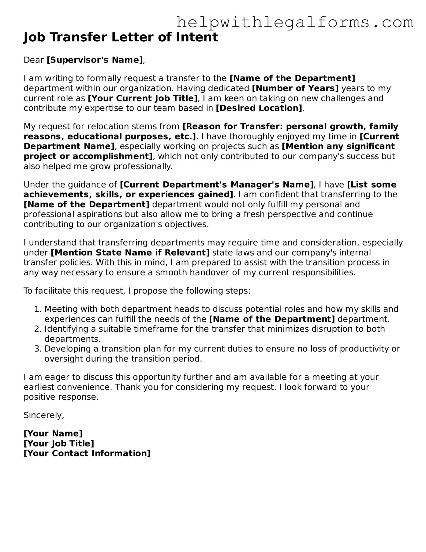 Legal Job Transfer Letter of Intent Form