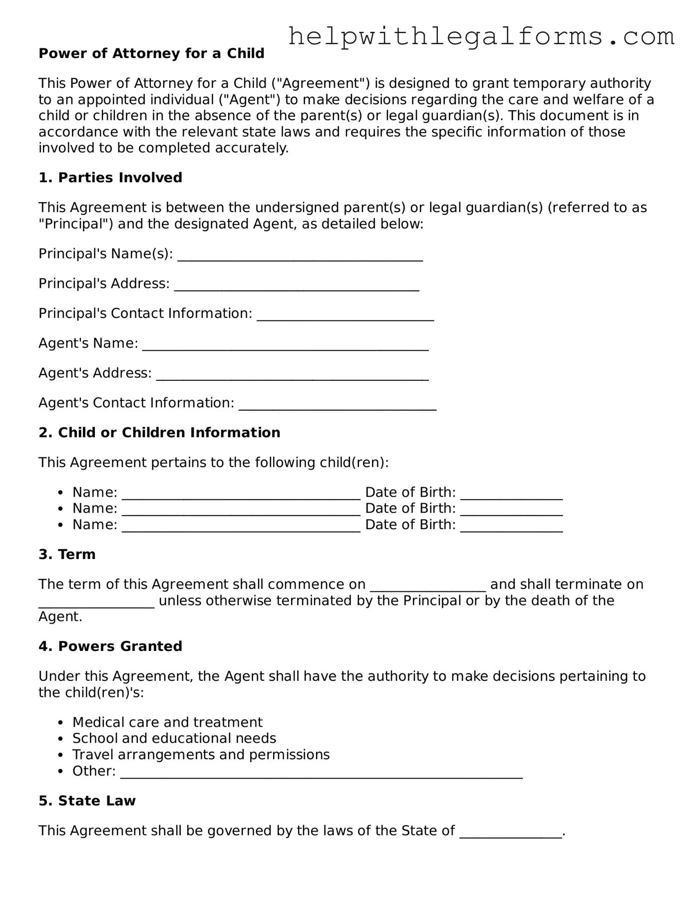 Legal Power of Attorney for a Child Form