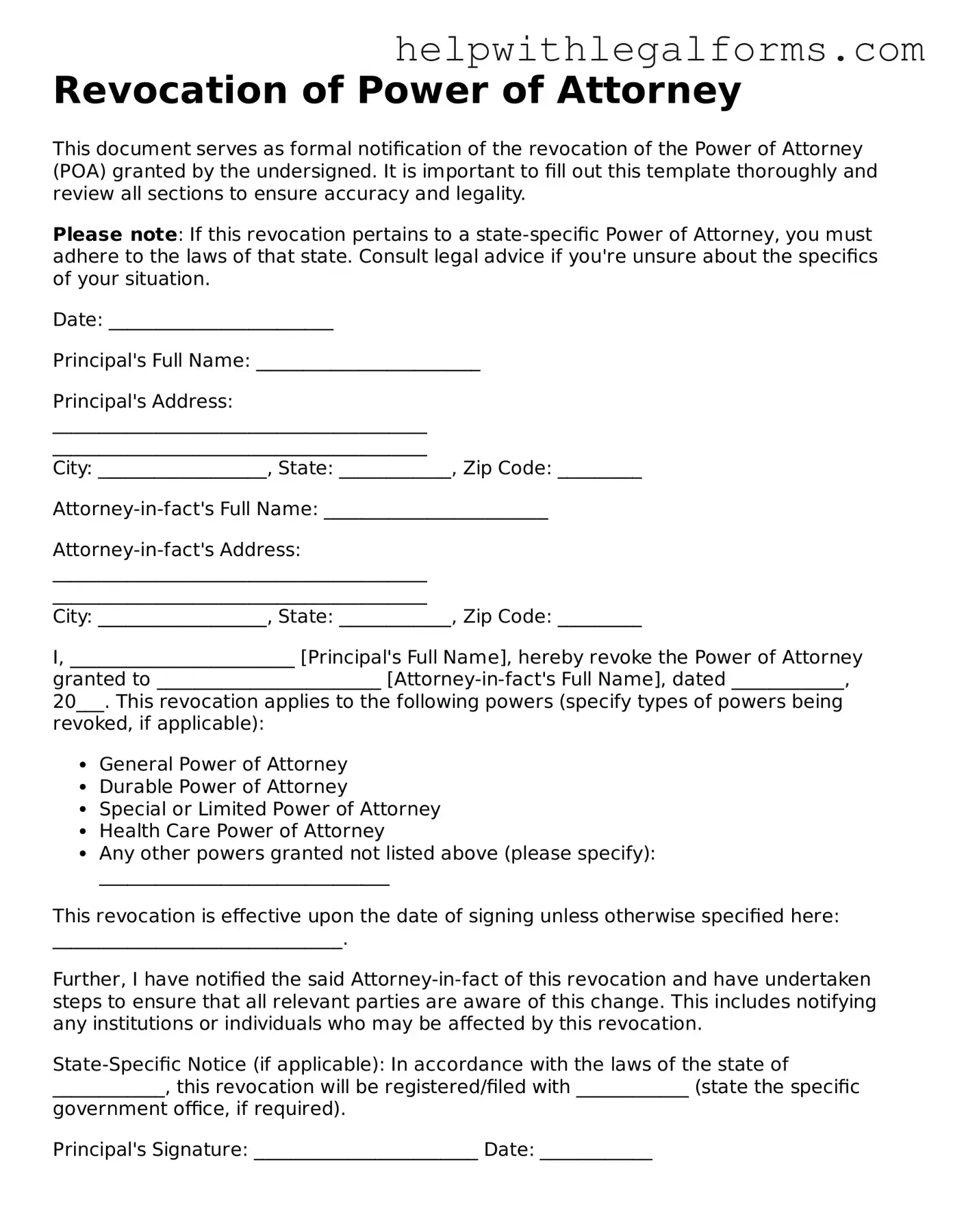 Legal Revocation of Power of Attorney Form