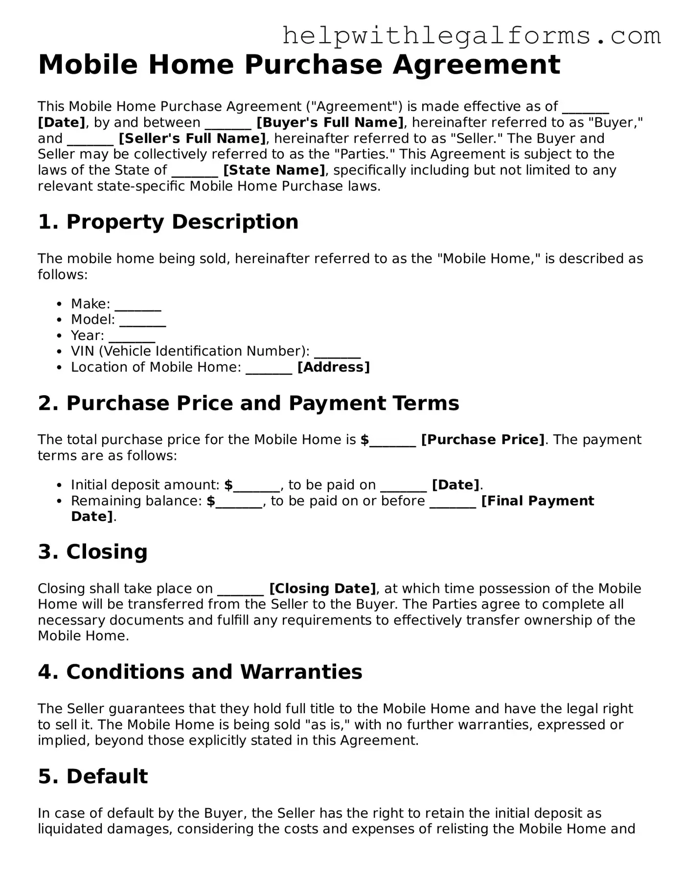 Legal Mobile Home Purchase Agreement Form