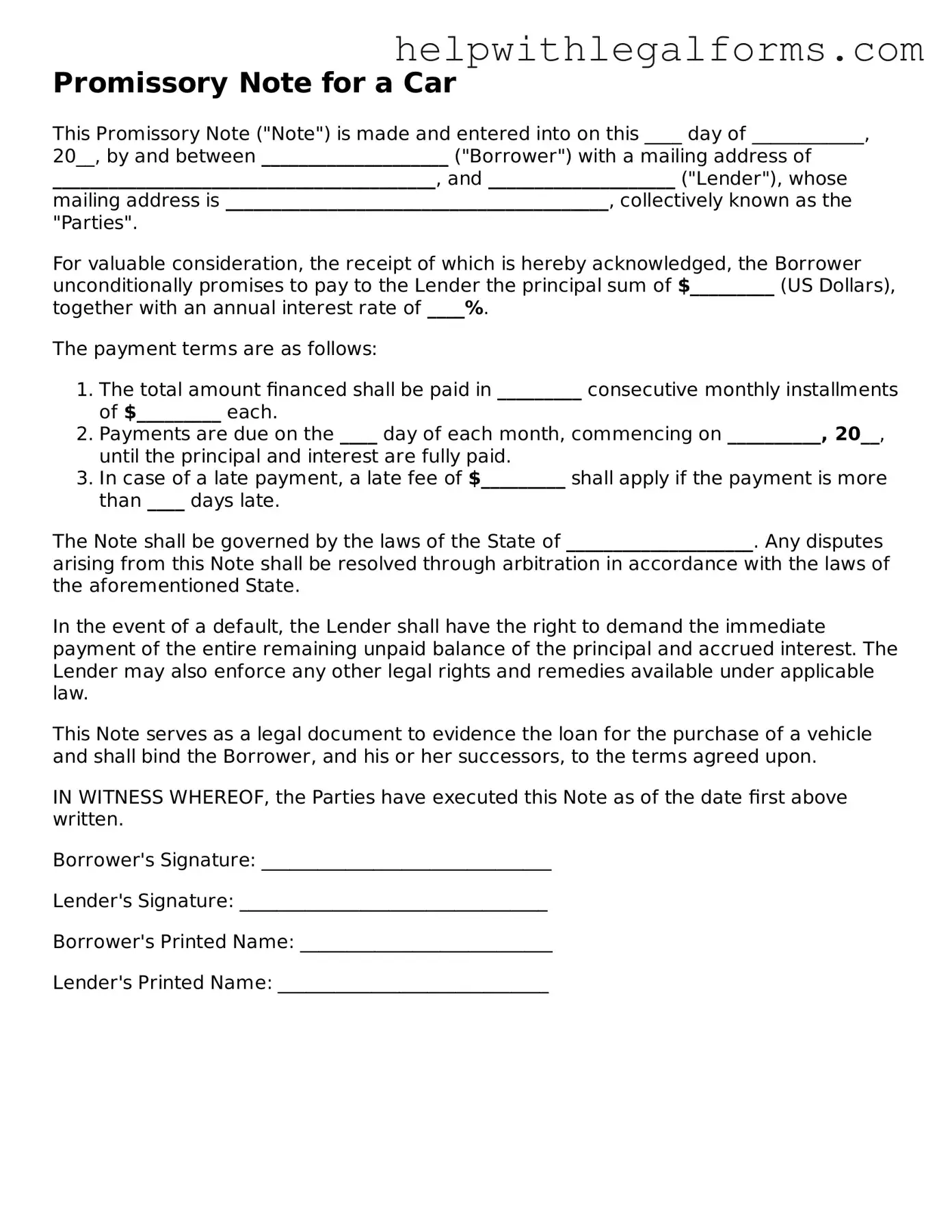 Legal Promissory Note for a Car Form