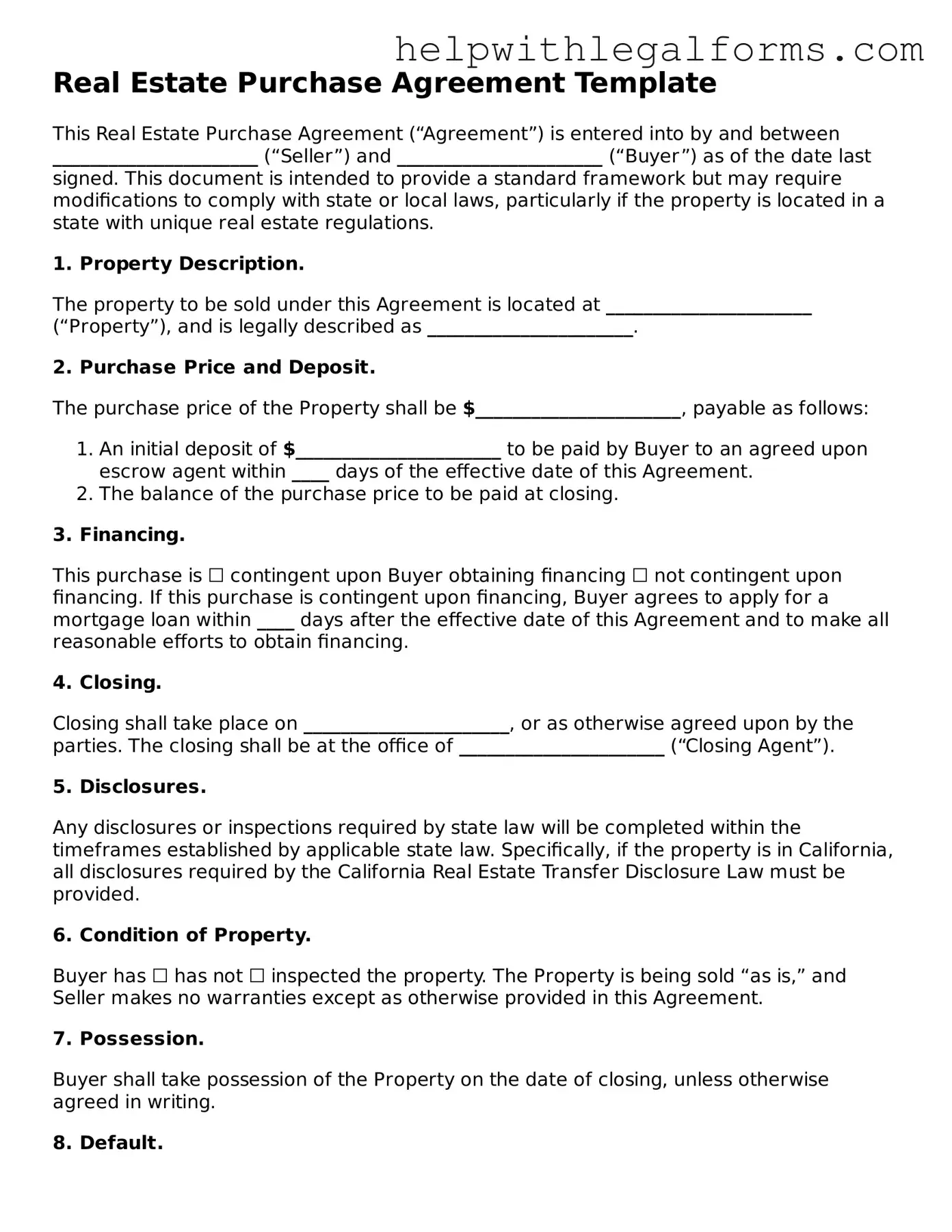 Legal Real Estate Purchase Agreement Form