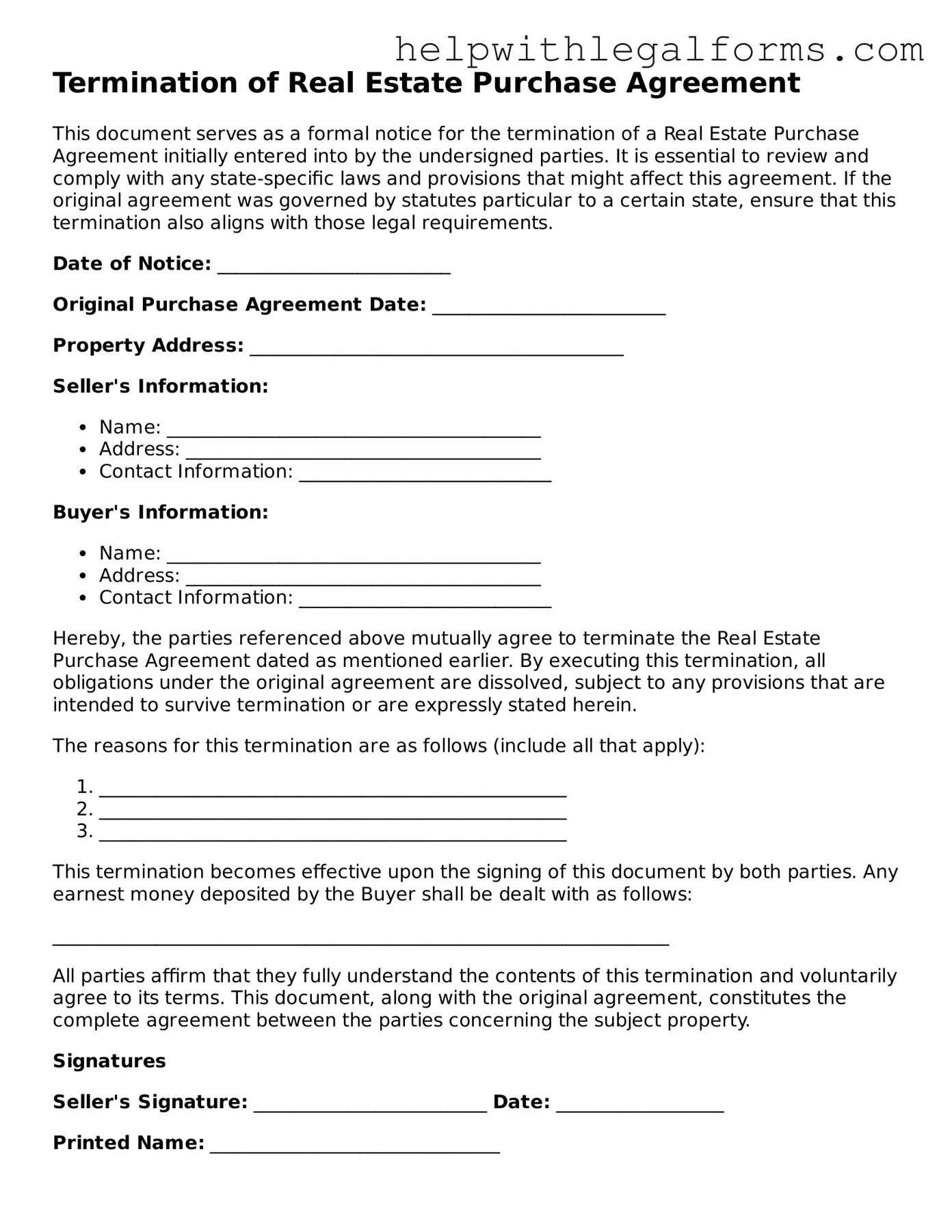 Legal Termination of Real Estate Purchase Agreement Form